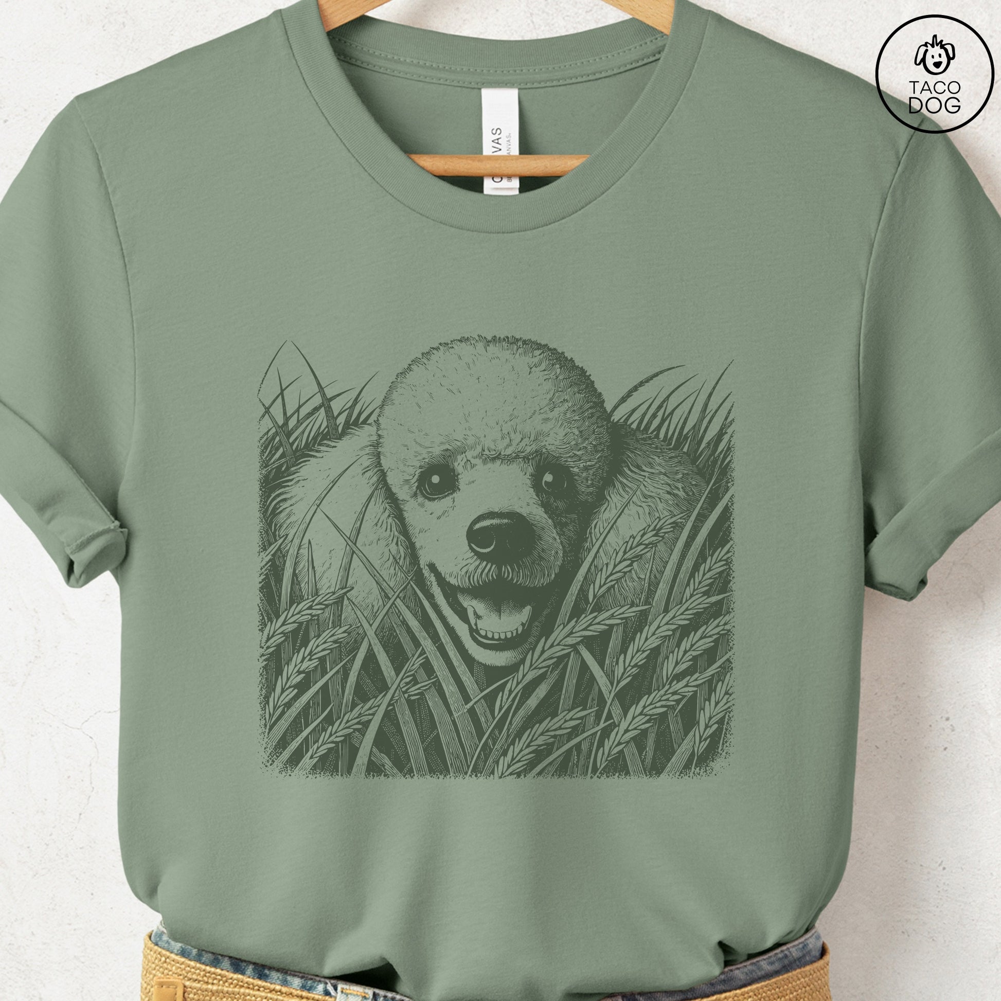 Poodle in the Grass T-Shirt Sage Taco-Dog