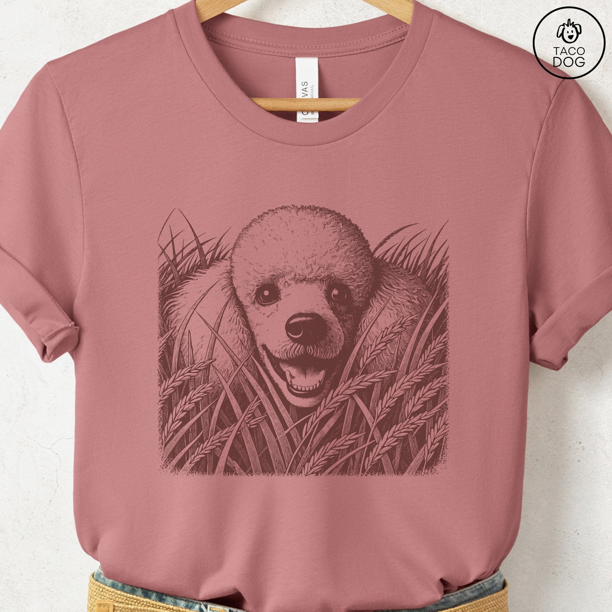 Poodle in the Grass T-Shirt Heather Mauve Taco-Dog