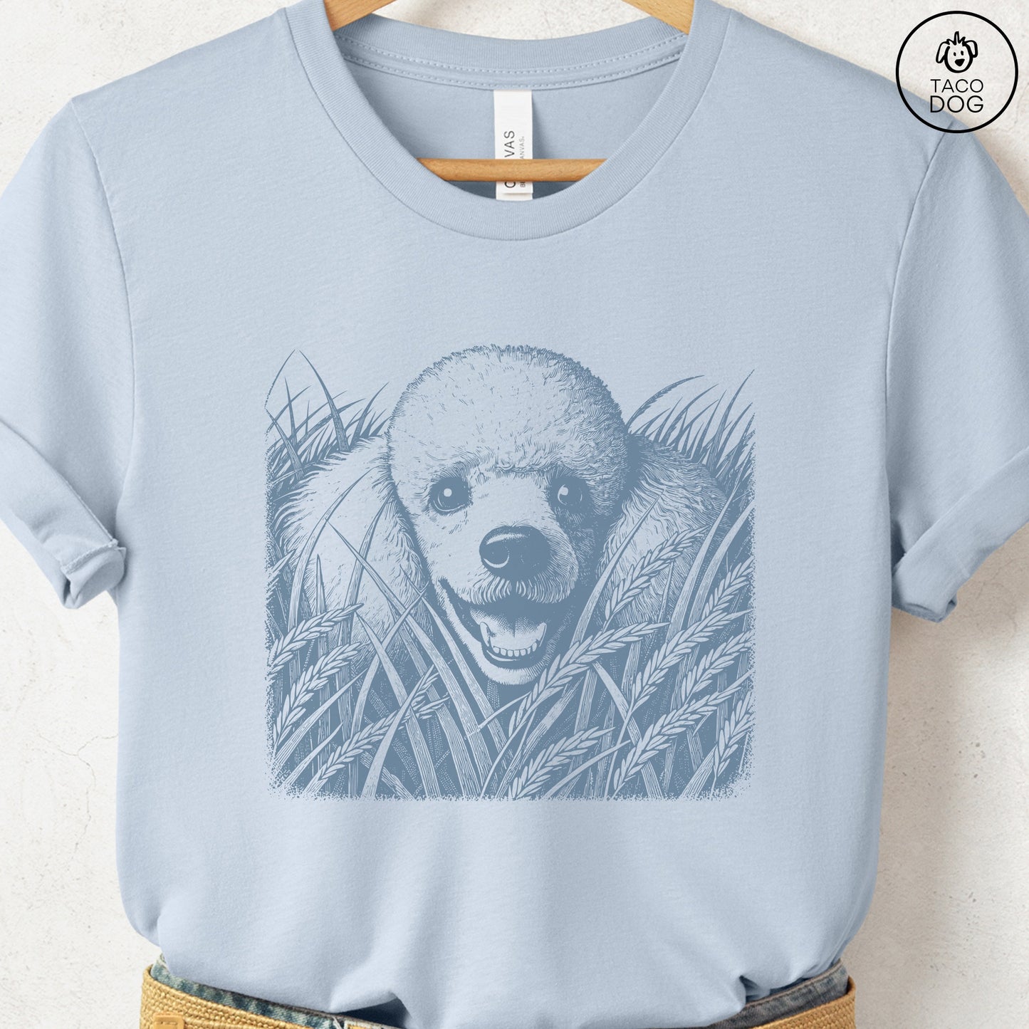 Poodle in the Grass T-Shirt Light Blue Taco-Dog