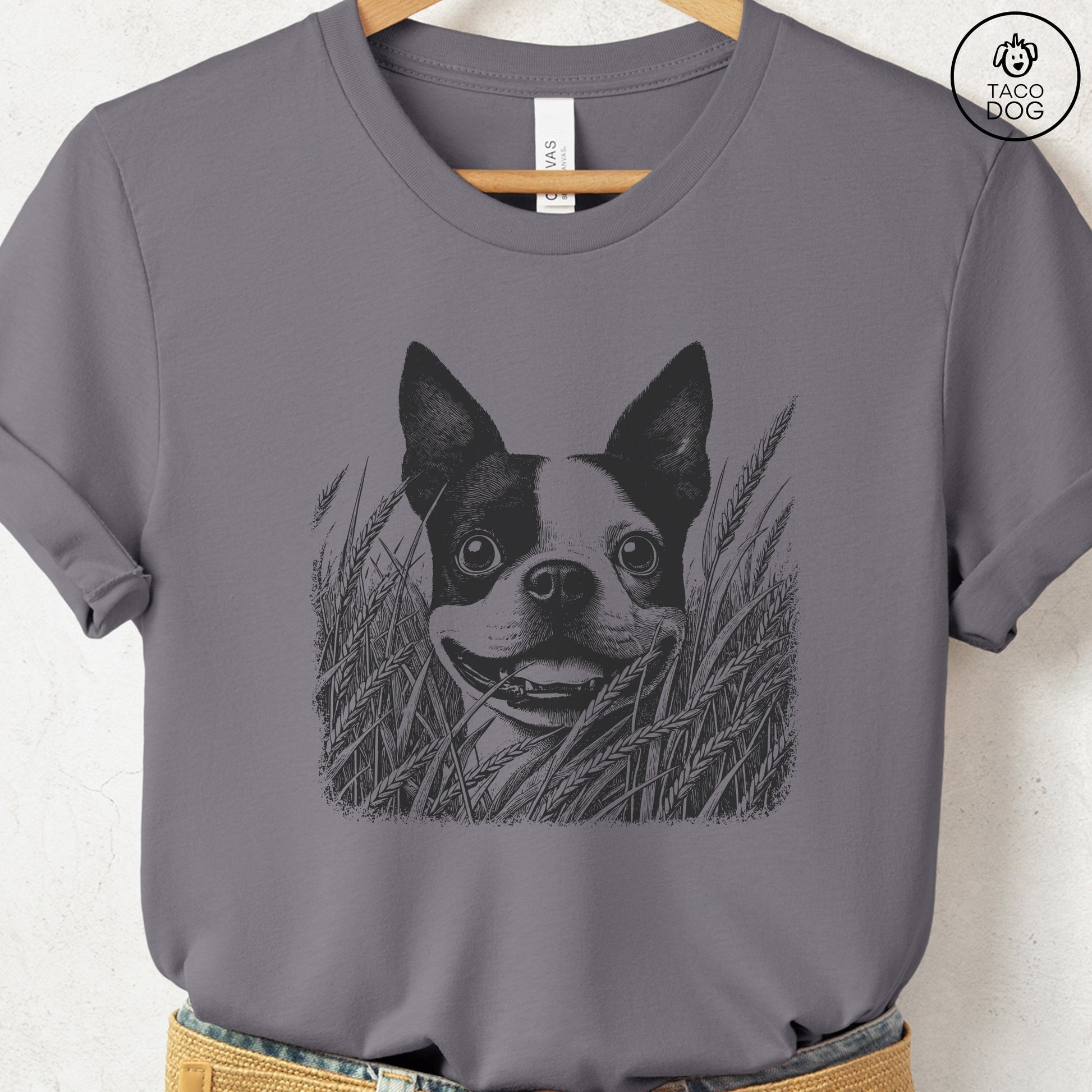 Boston Terrier in the Grass T-Shirt Storm Taco-Dog