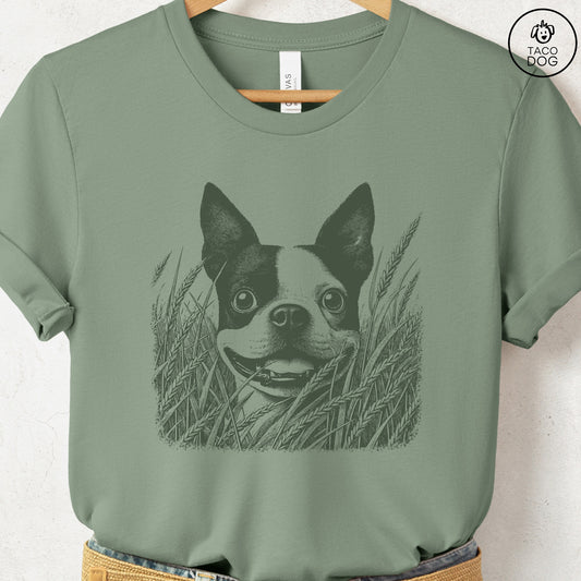 Boston Terrier in the Grass T-Shirt Sage Taco-Dog