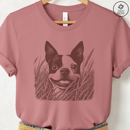 Boston Terrier in the Grass T-Shirt Heather Mauve Taco-Dog