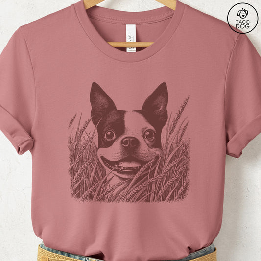 Boston Terrier in the Grass T-Shirt Heather Mauve
