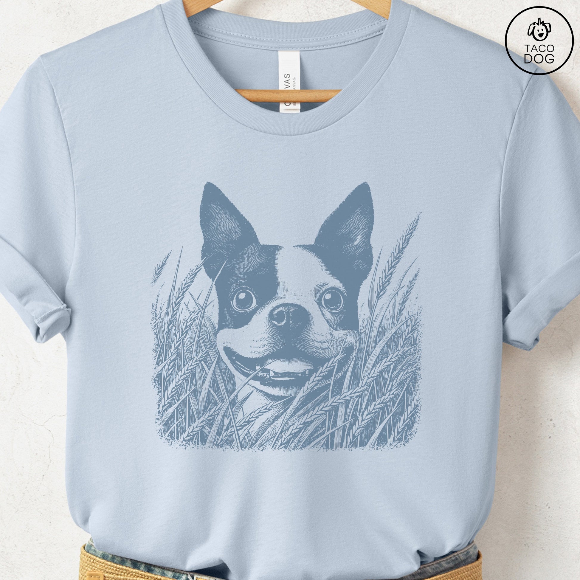 Boston Terrier in the Grass T-Shirt Light Blue Taco-Dog