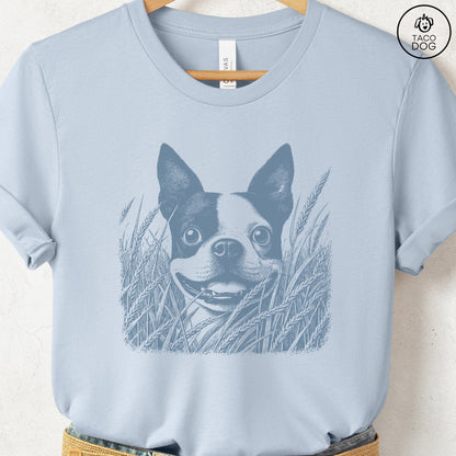 Boston Terrier in the Grass T-Shirt Light Blue Taco-Dog