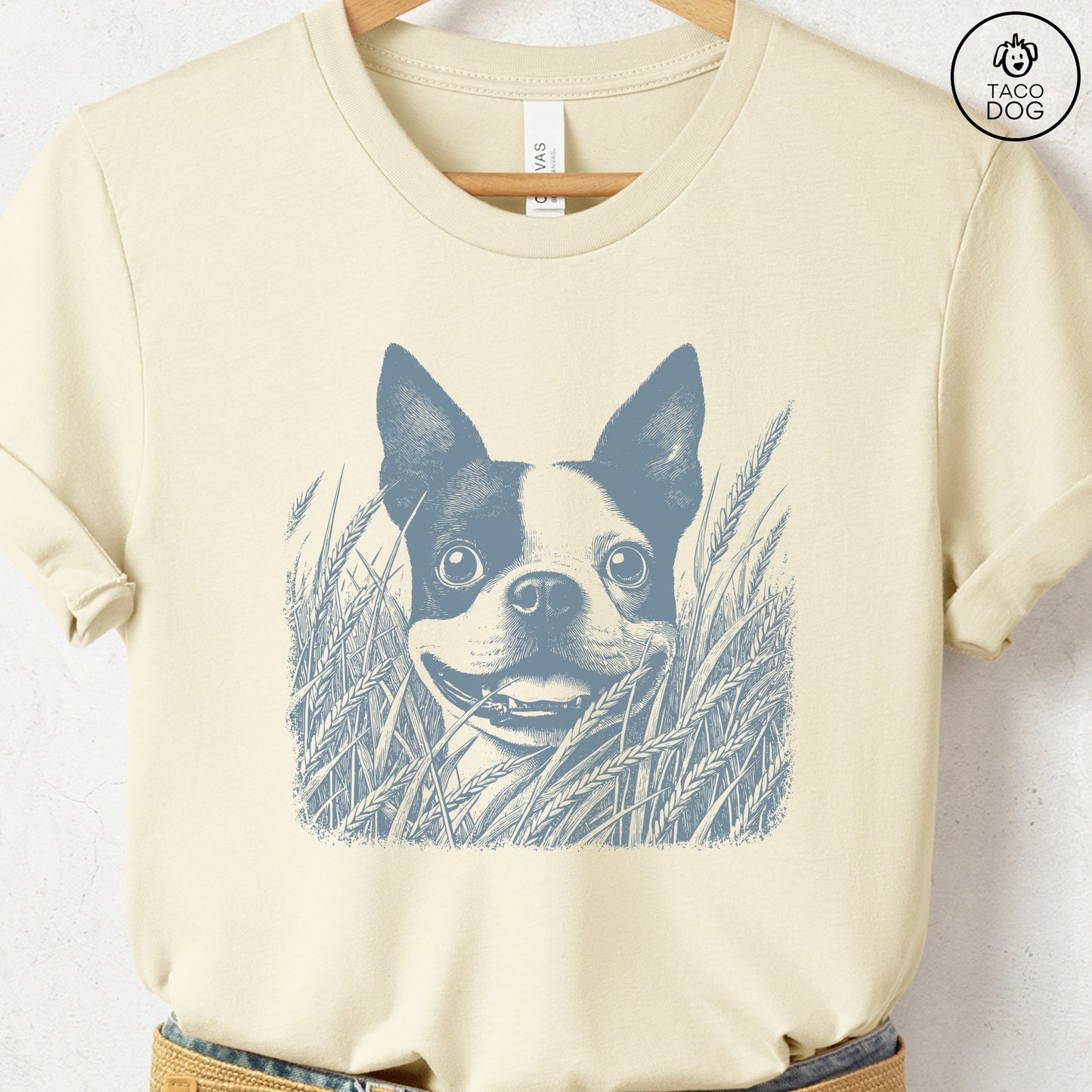 Boston Terrier in the Grass T-Shirt Natural Taco-Dog