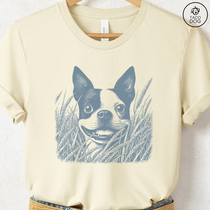 Boston Terrier in the Grass T-Shirt Natural Taco-Dog