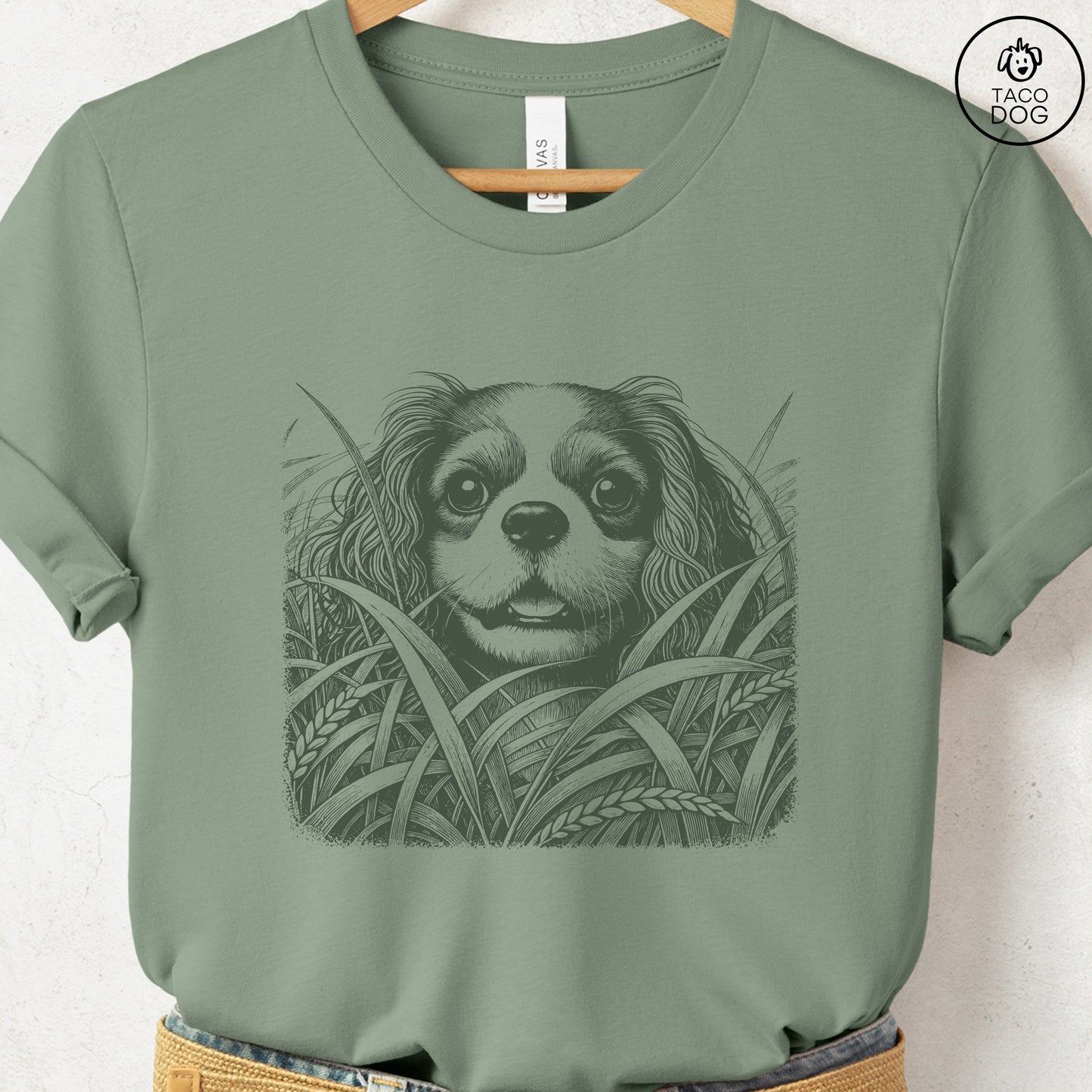 Cavalier King Charles Spaniel in the Grass T-Shirt Sage Taco-Dog