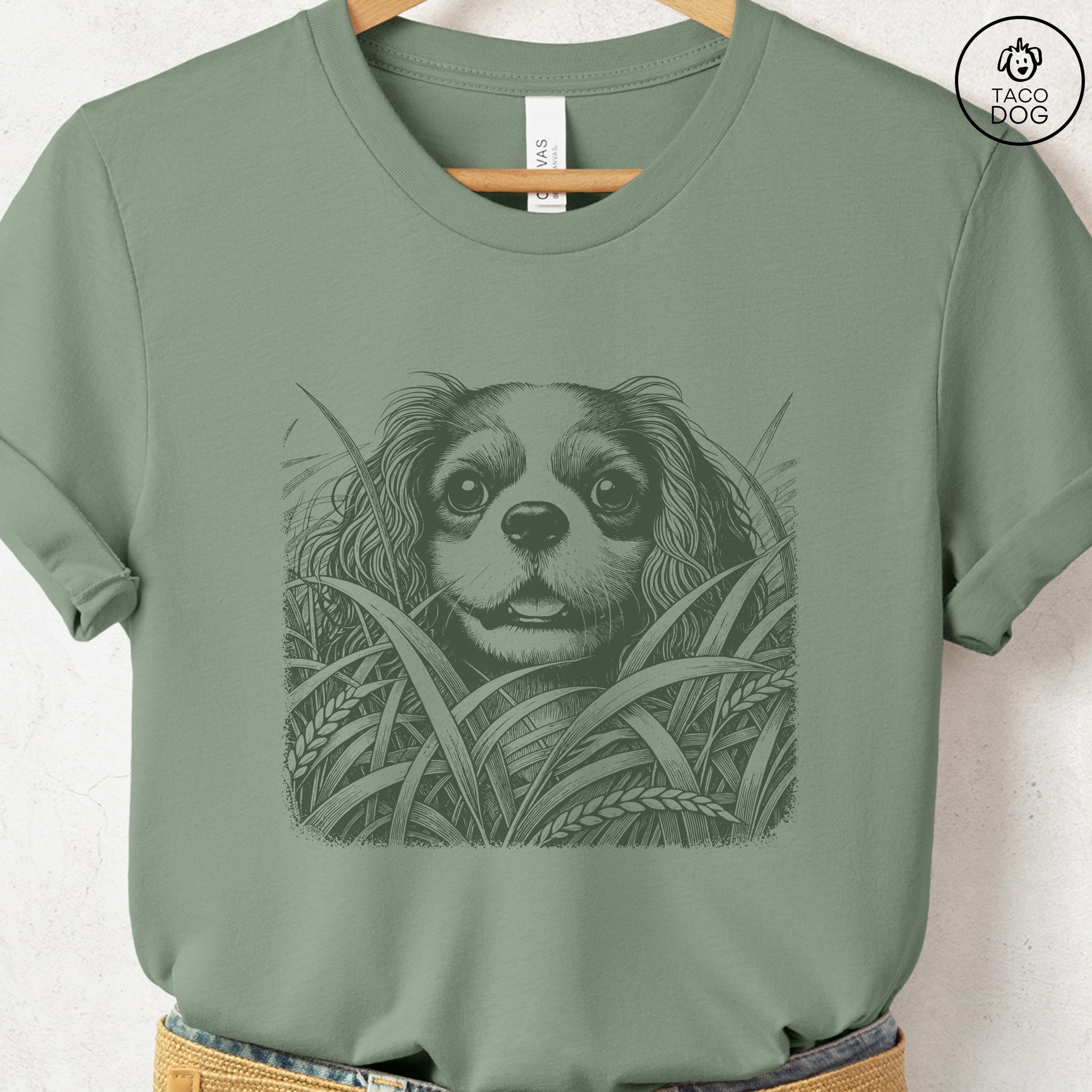 Cavalier King Charles Spaniel in the Grass T-Shirt Sage Taco-Dog