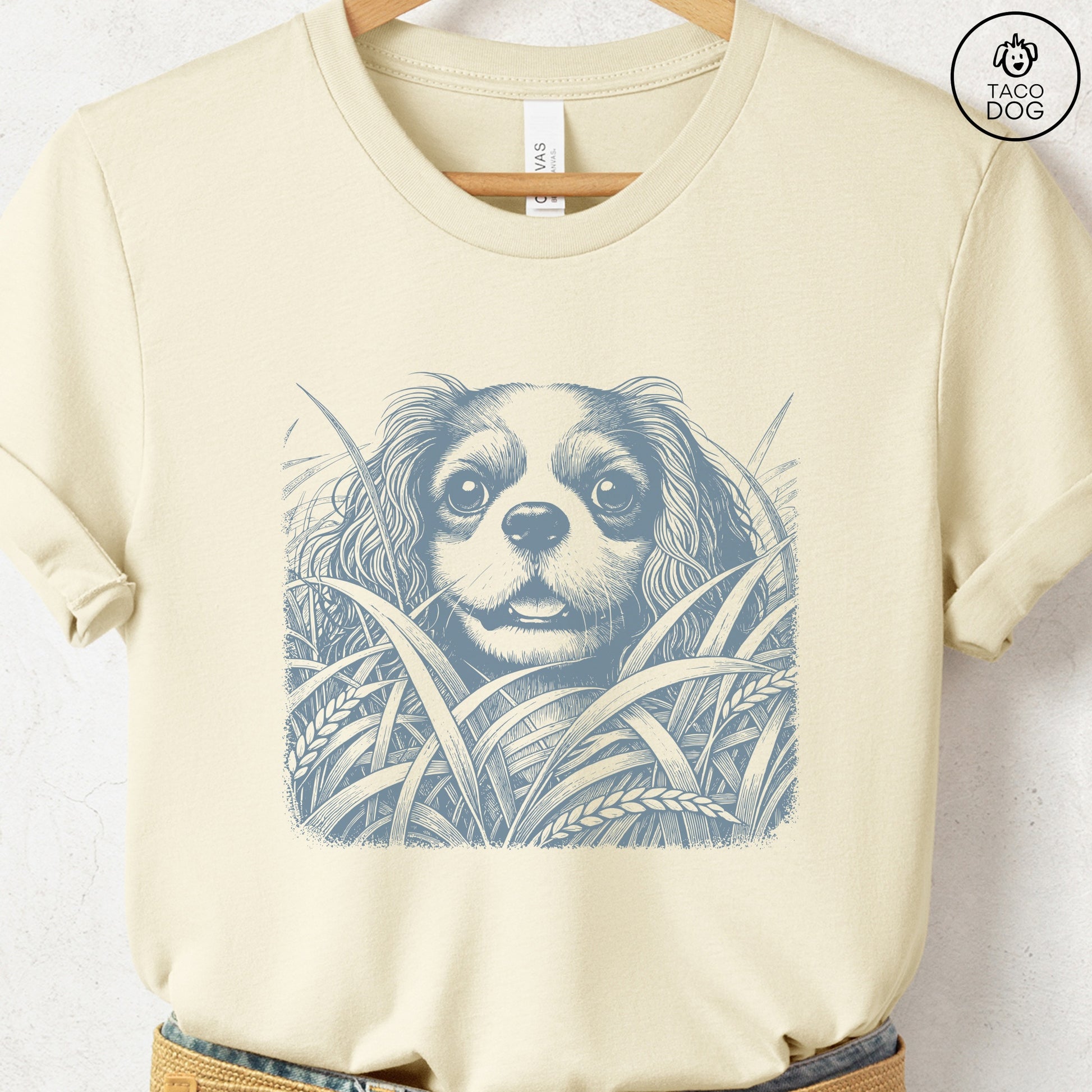 Cavalier King Charles Spaniel in the Grass T-Shirt Natural Taco-Dog