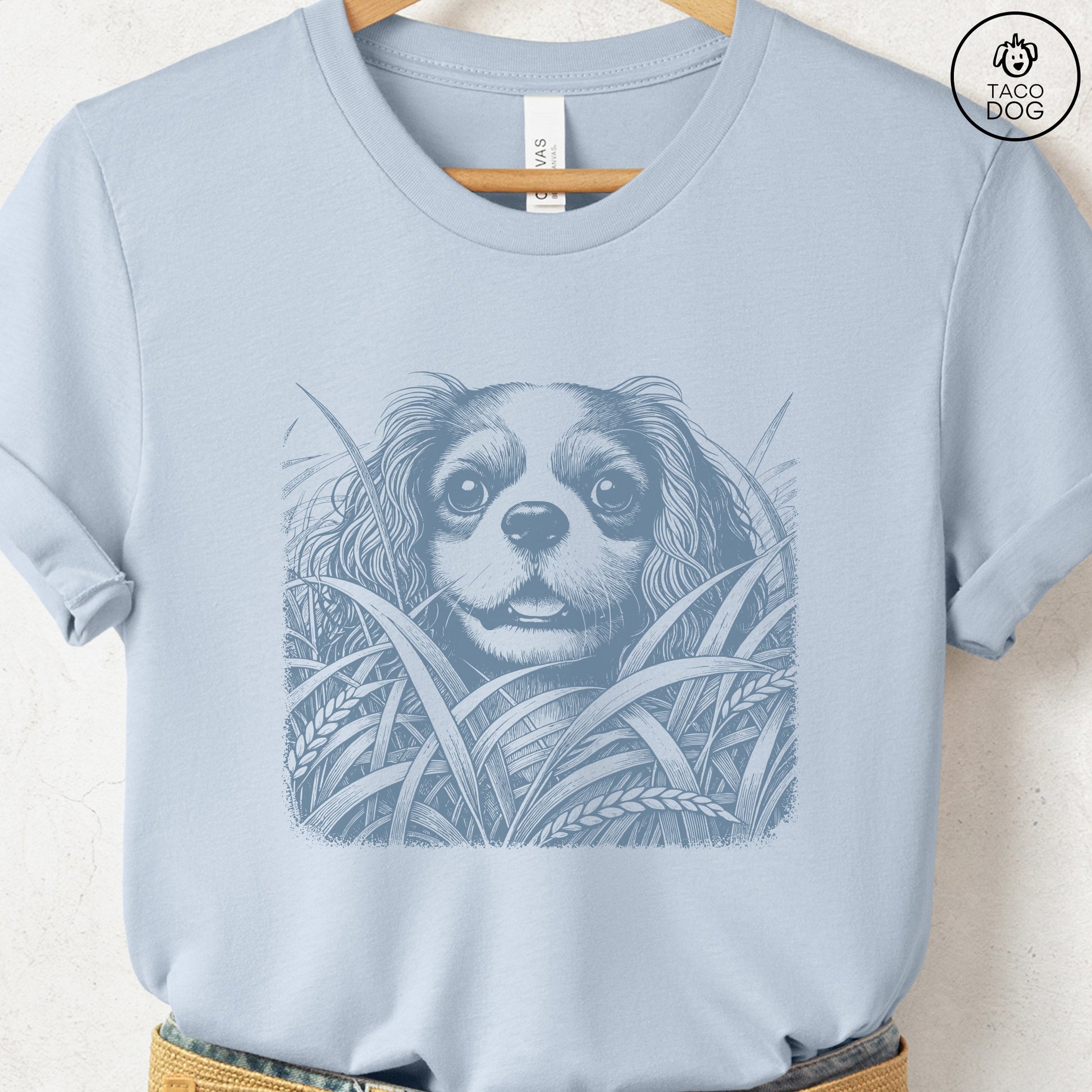 Cavalier King Charles Spaniel in the Grass T-Shirt Light Blue Taco-Dog