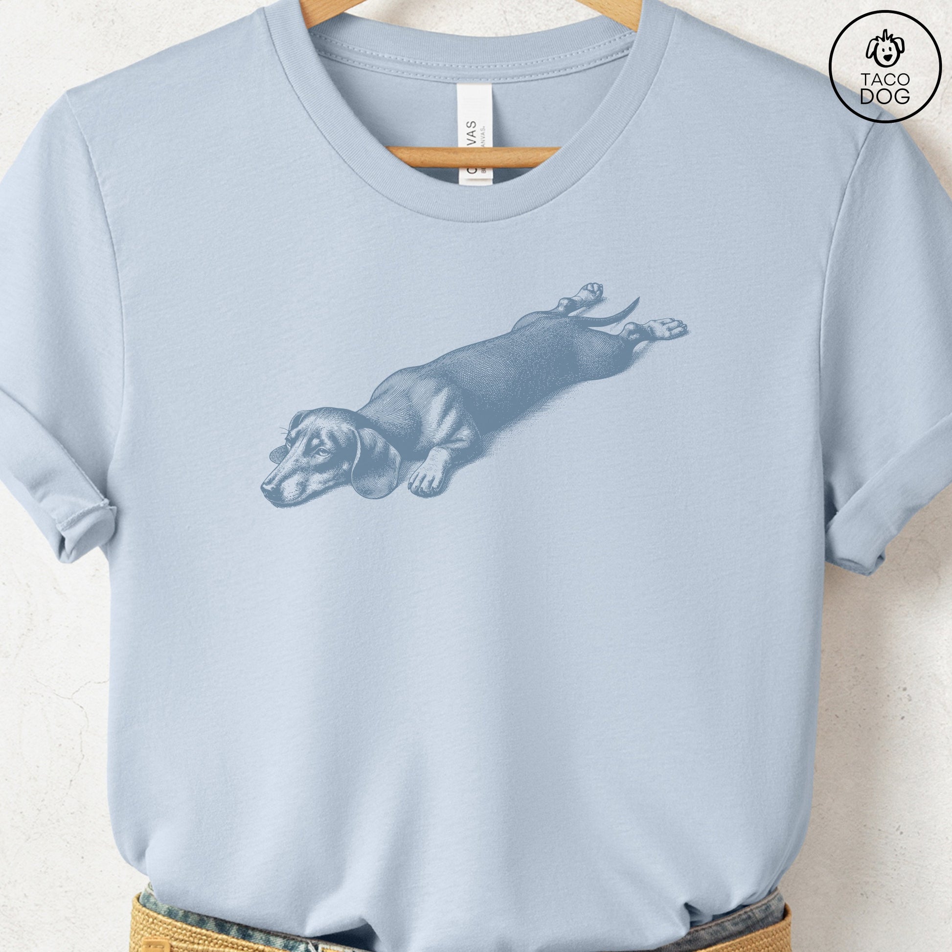 Dachshund Weenie Sploot T-Shirt Light Blue Taco-Dog