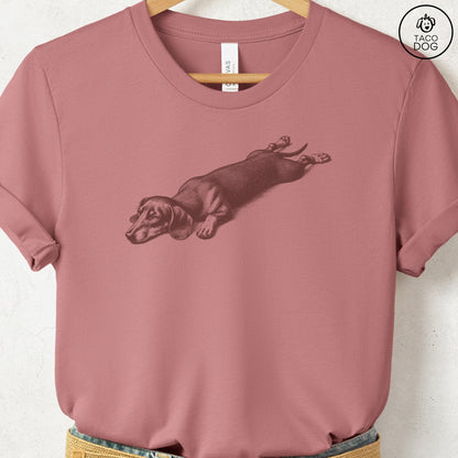 Dachshund Weenie Sploot T-Shirt Heather Mauve Taco-Dog