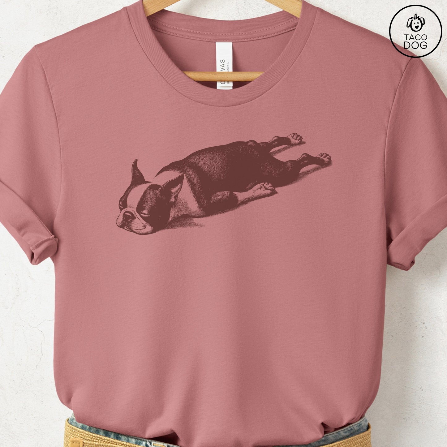 Boston Terrier Sploot T-Shirt Heather Mauve Taco-Dog