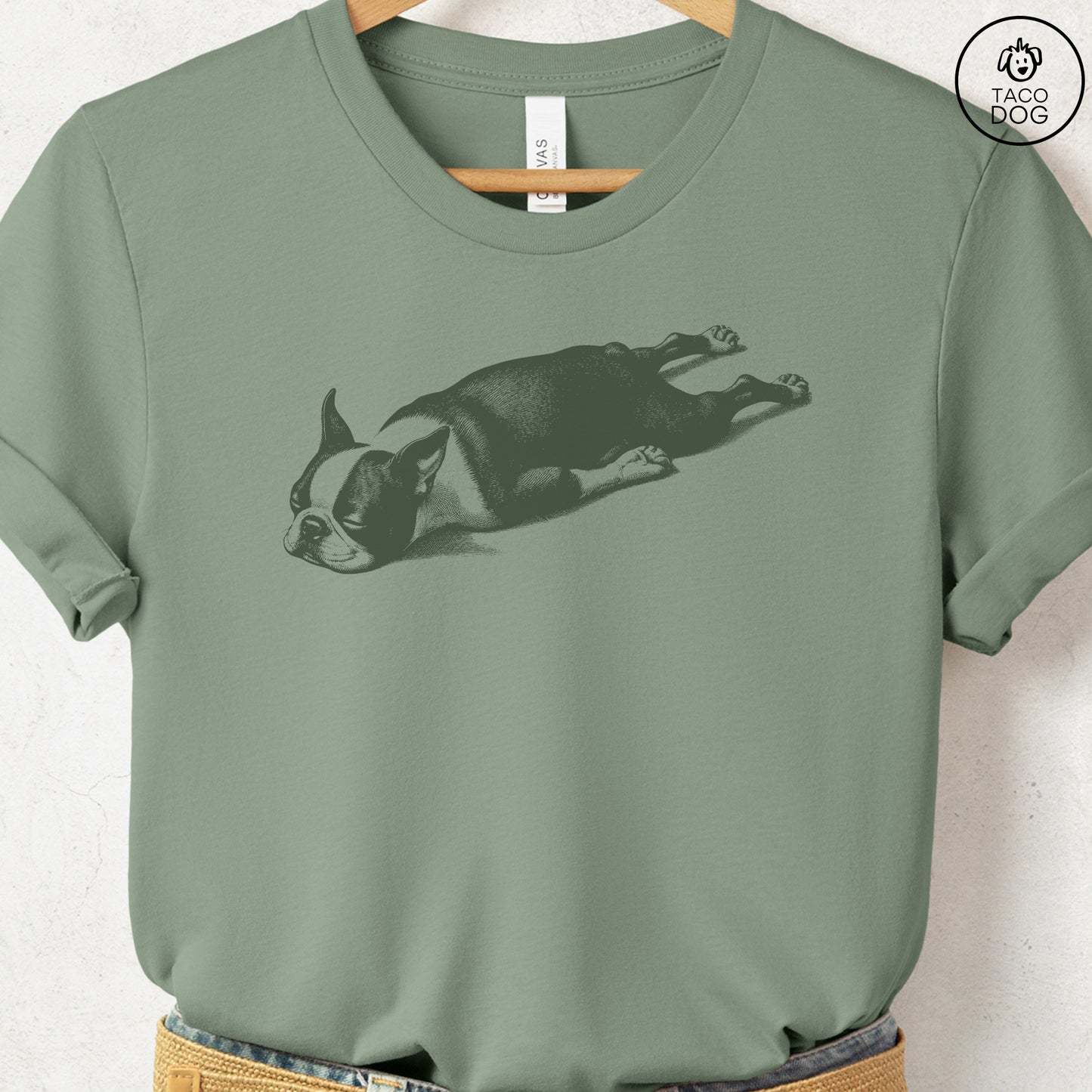 Boston Terrier Sploot T-Shirt Sage Taco-Dog