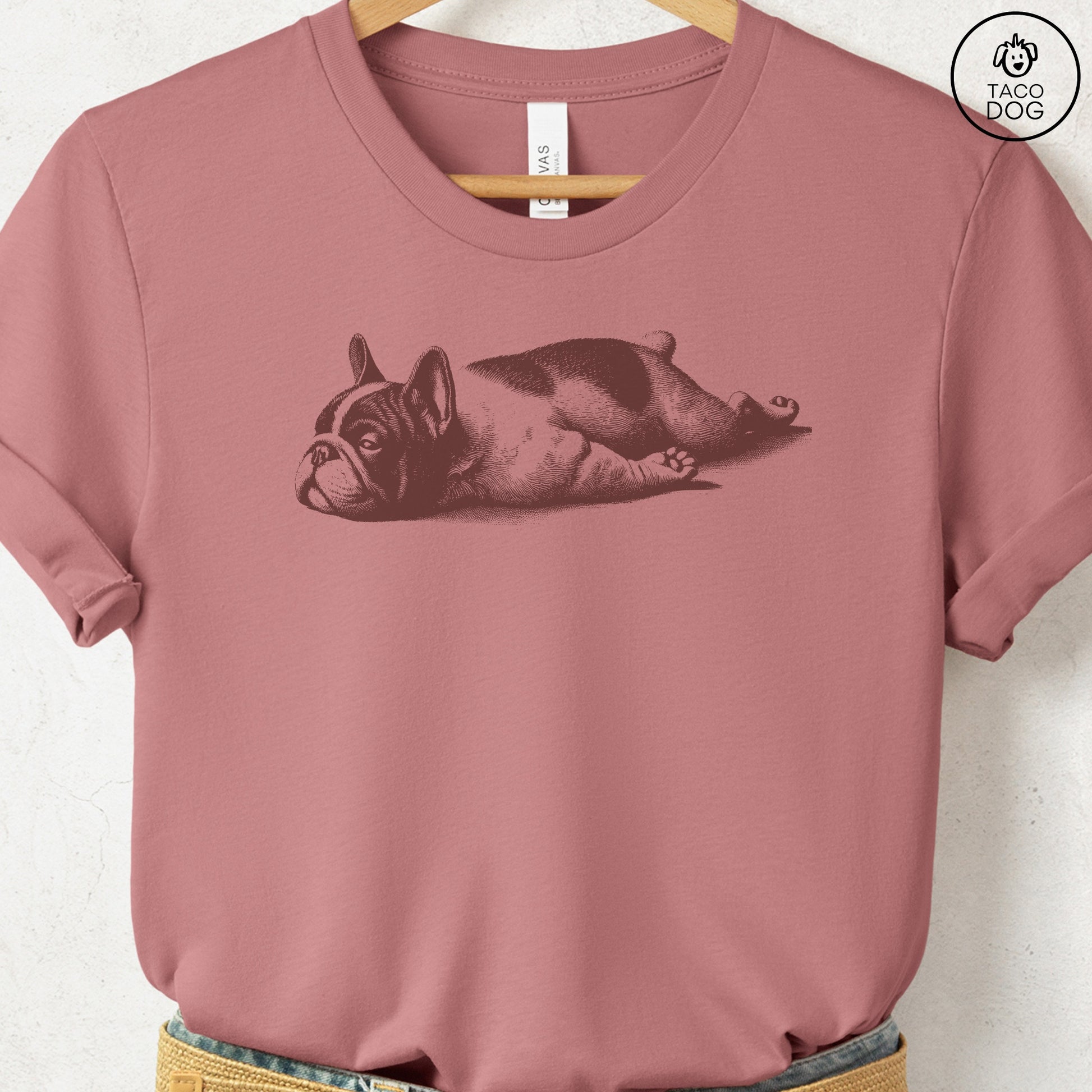French Bulldog Frenchie Sploot T-Shirt Heather Mauve Taco-Dog