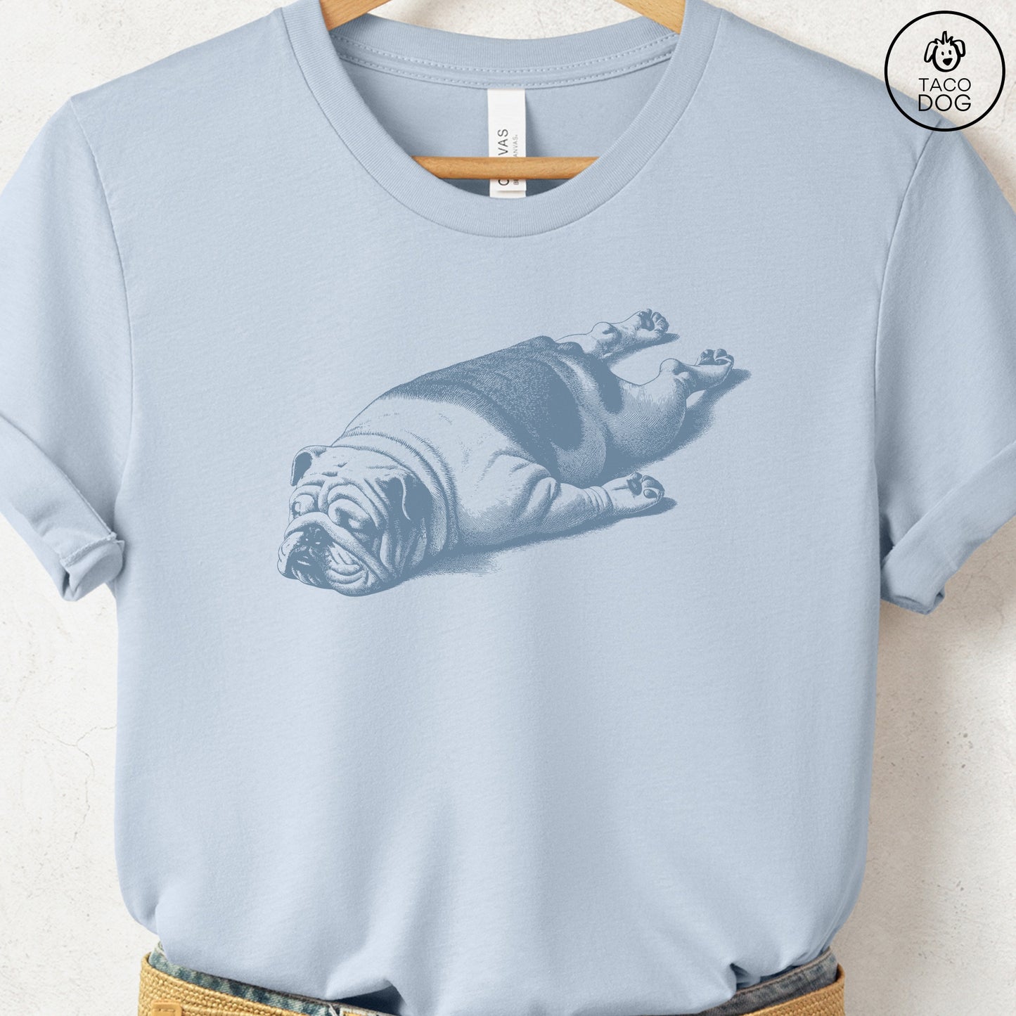 English Bulldog Sploot T-Shirt Light Blue Taco-Dog