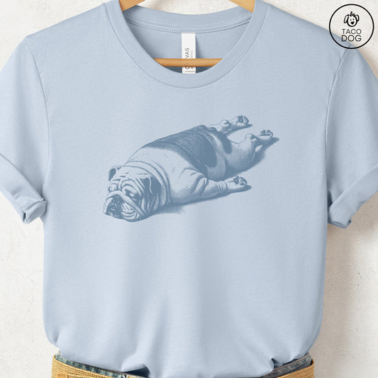 English Bulldog Sploot T-Shirt Light Blue Taco-Dog