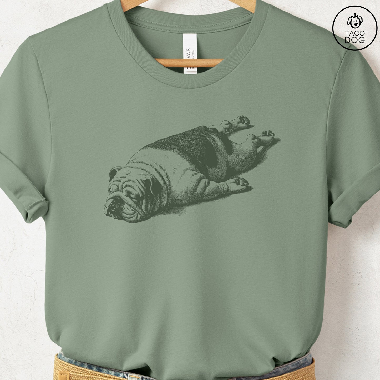 English Bulldog Sploot T-Shirt Sage Taco-Dog