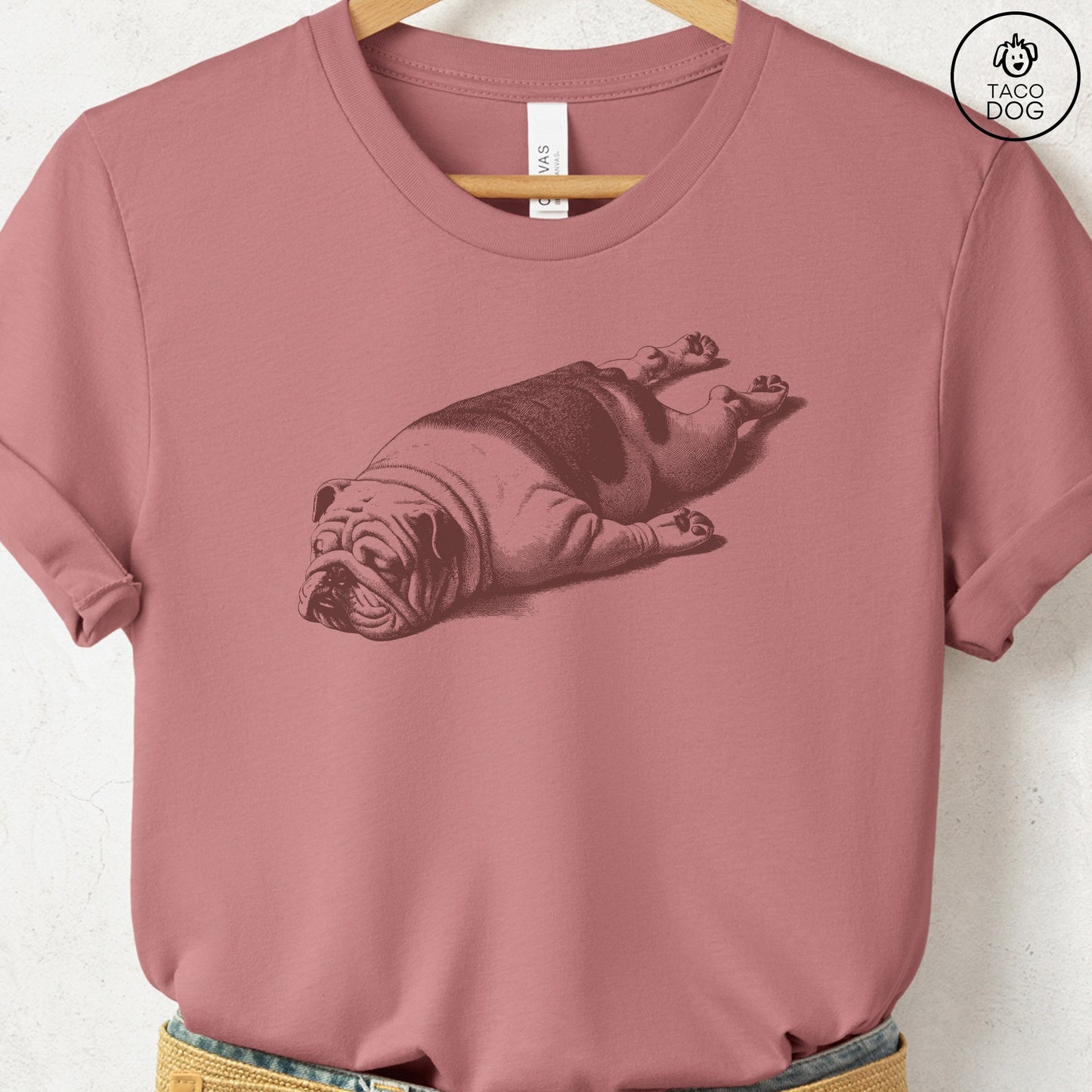English Bulldog Sploot T-Shirt Heather Mauve Taco-Dog