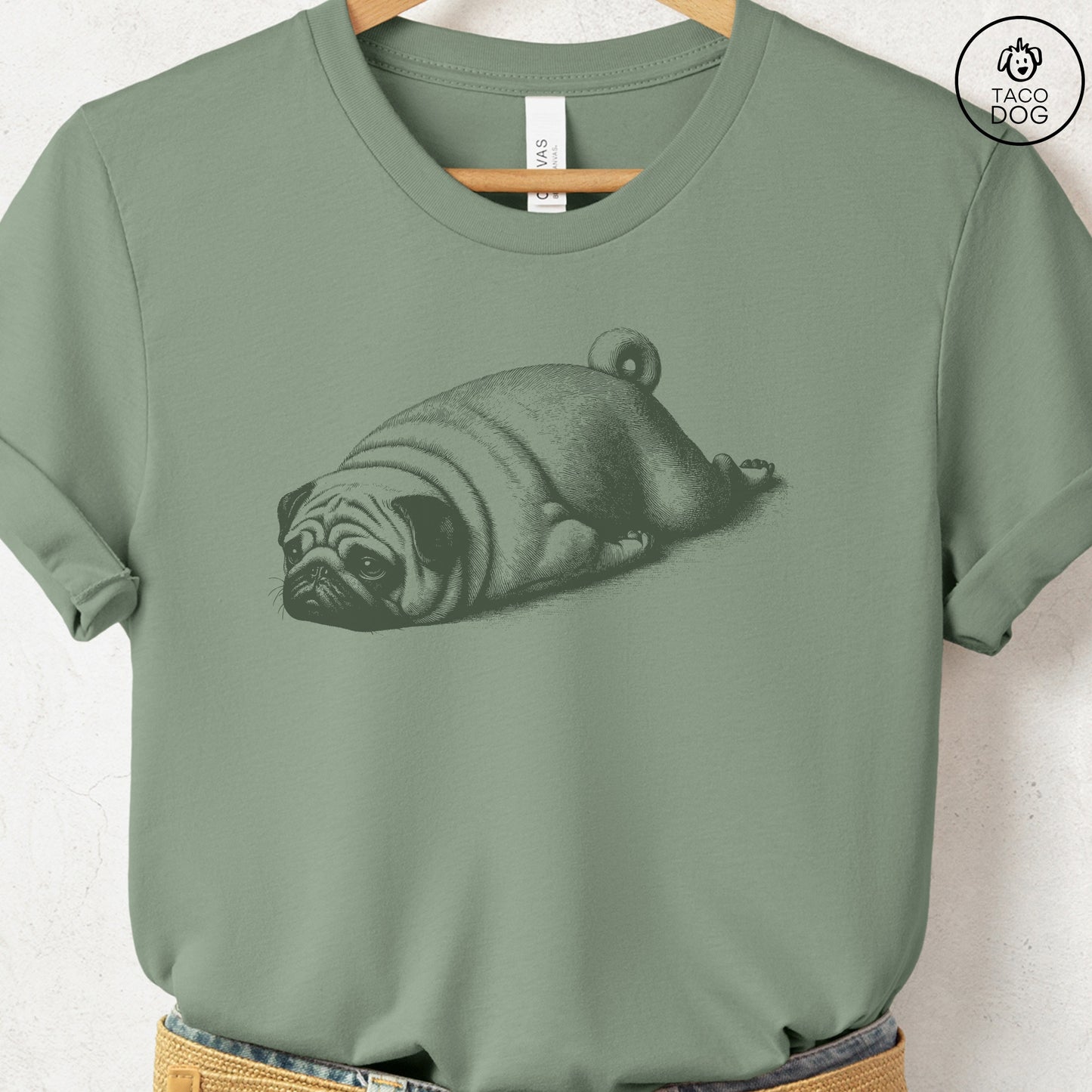 Pug Sploot T-Shirt Sage