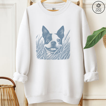 Boston Terrier in the Grass Sweatshirt White Taco-Dog