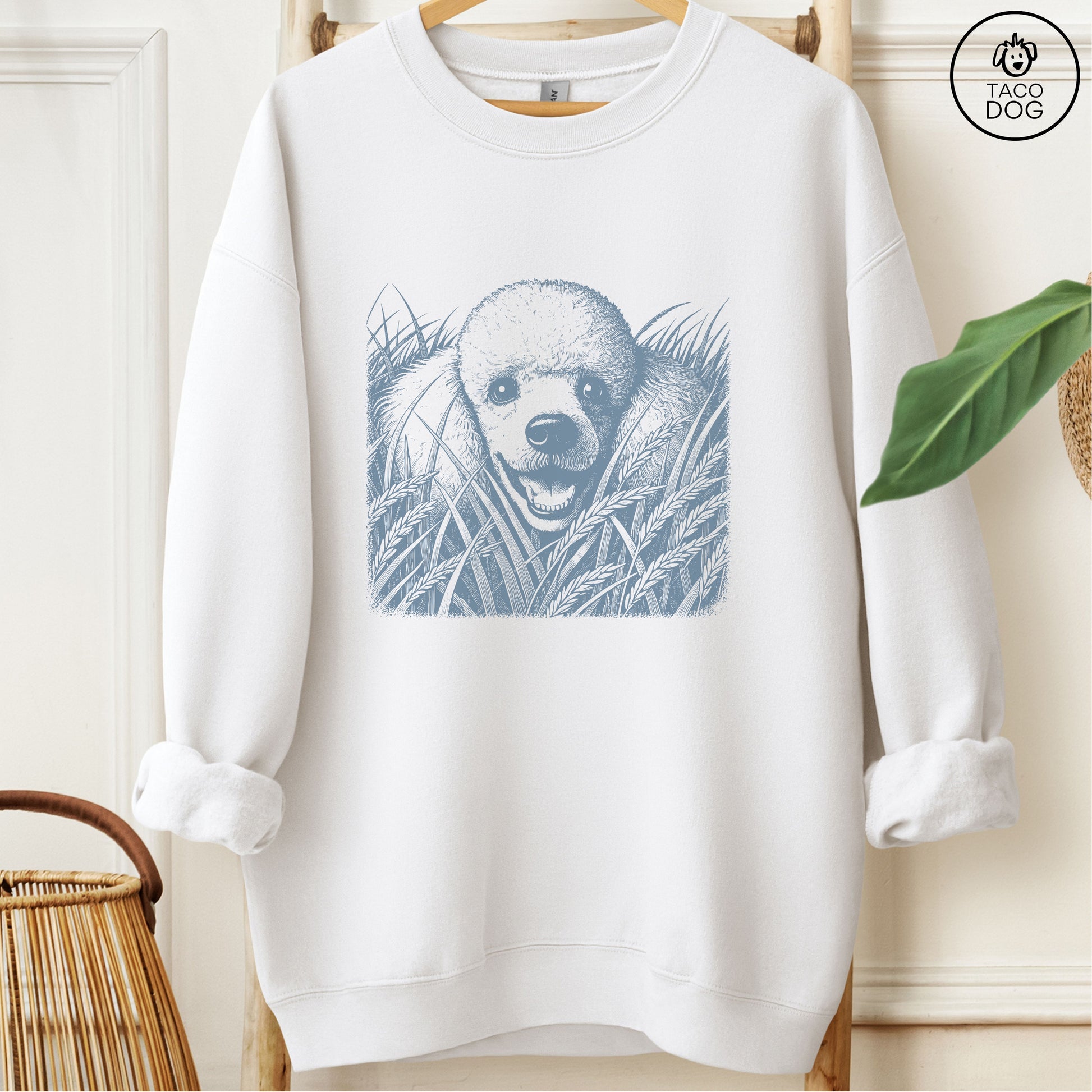 Poodle in the Grass Sweatshirt White Taco-Dog