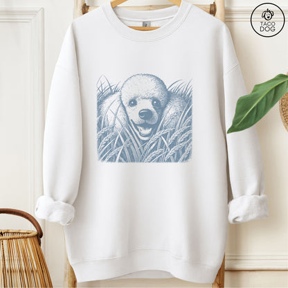 Poodle in the Grass Sweatshirt White Taco-Dog