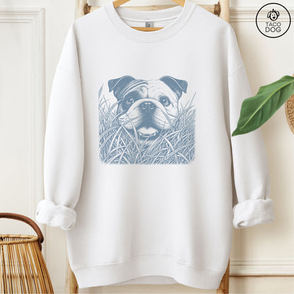English Bulldog in the Grass Sweatshirt White Taco-Dog