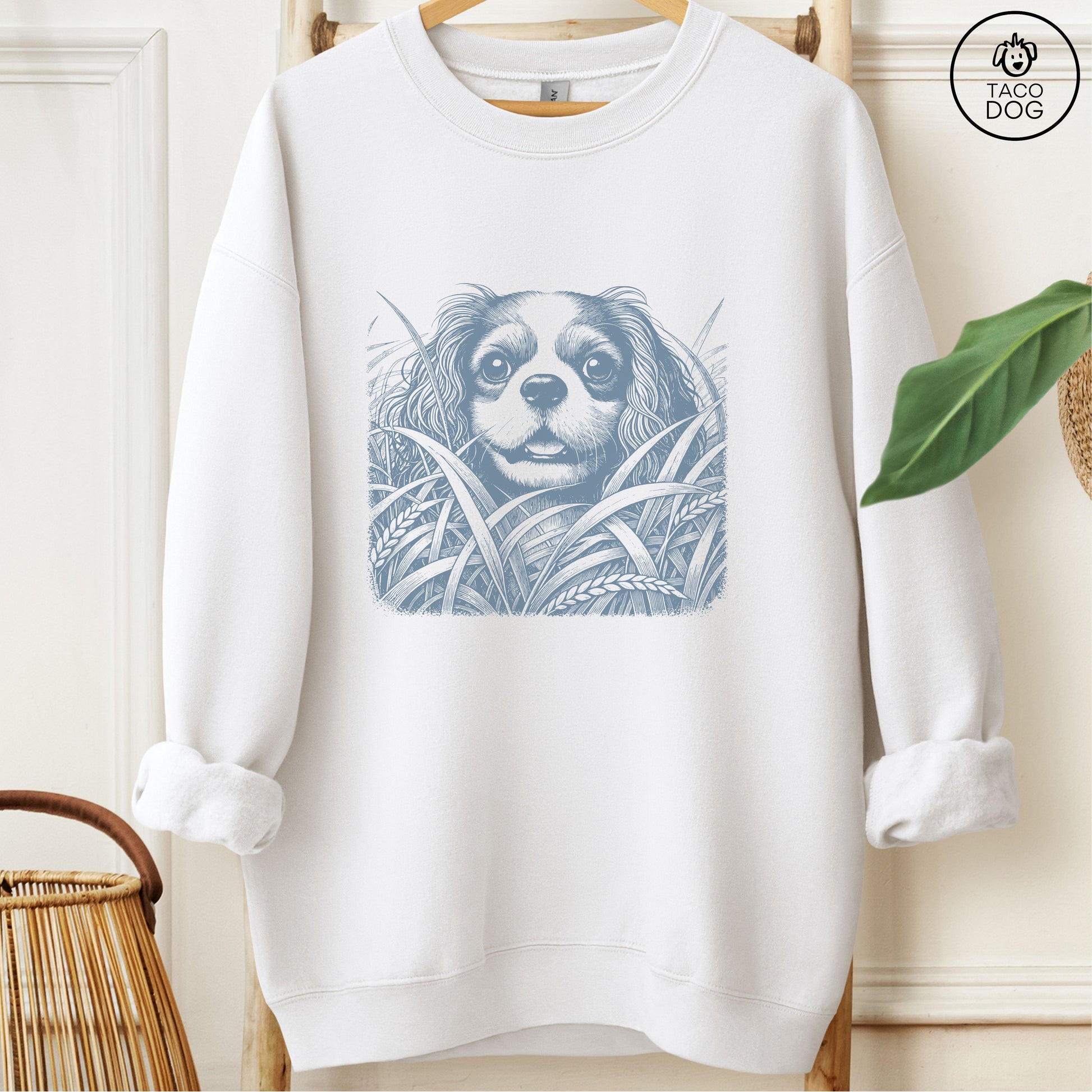 Cavalier King Charles Spaniel in the Grass Sweatshirt White Taco-Dog