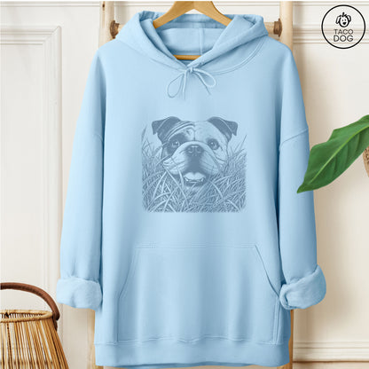 English Bulldog in the Grass Hoodie Light Blue Taco-Dog