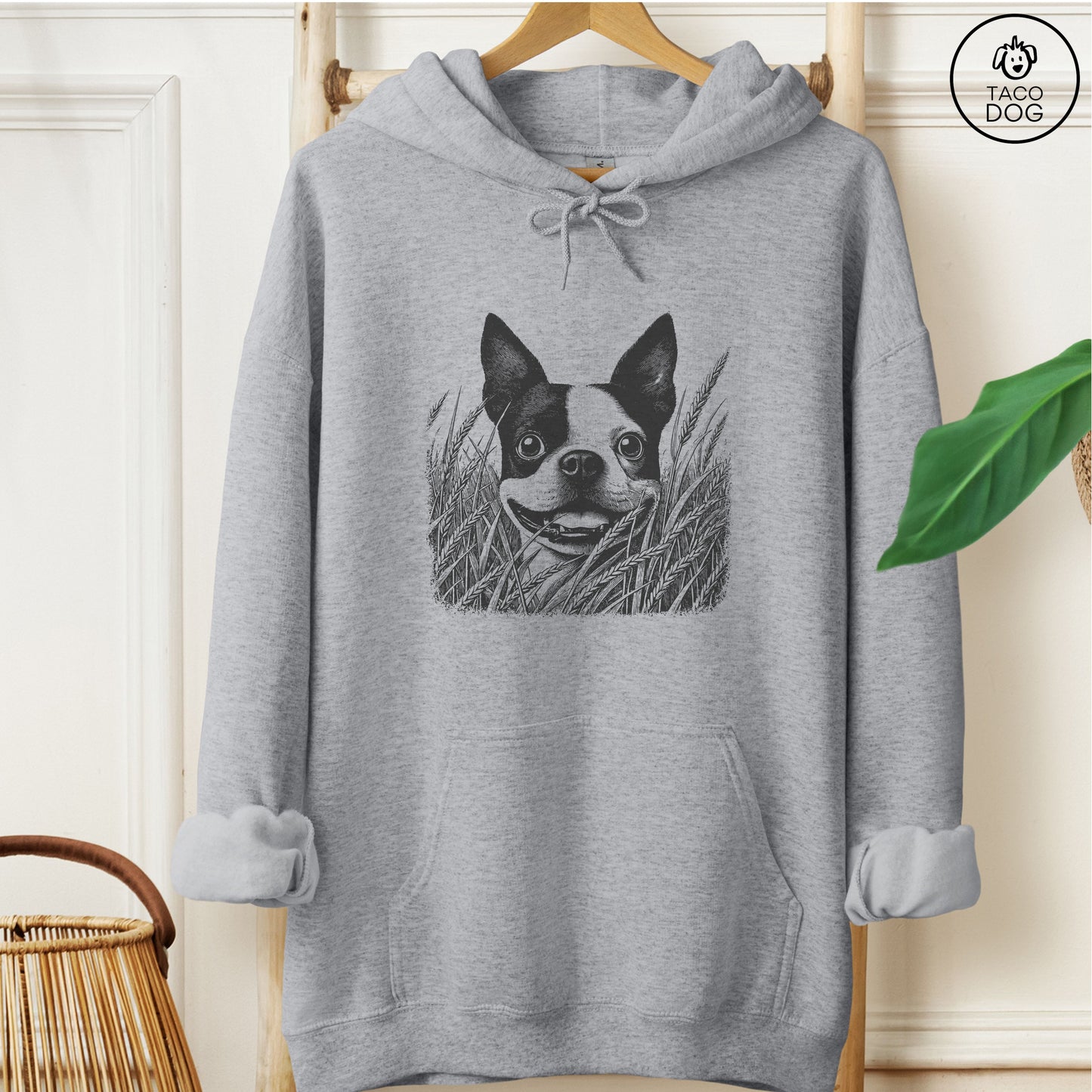 Boston Terrier in the Grass Hoodie Graphite Heather Taco-Dog