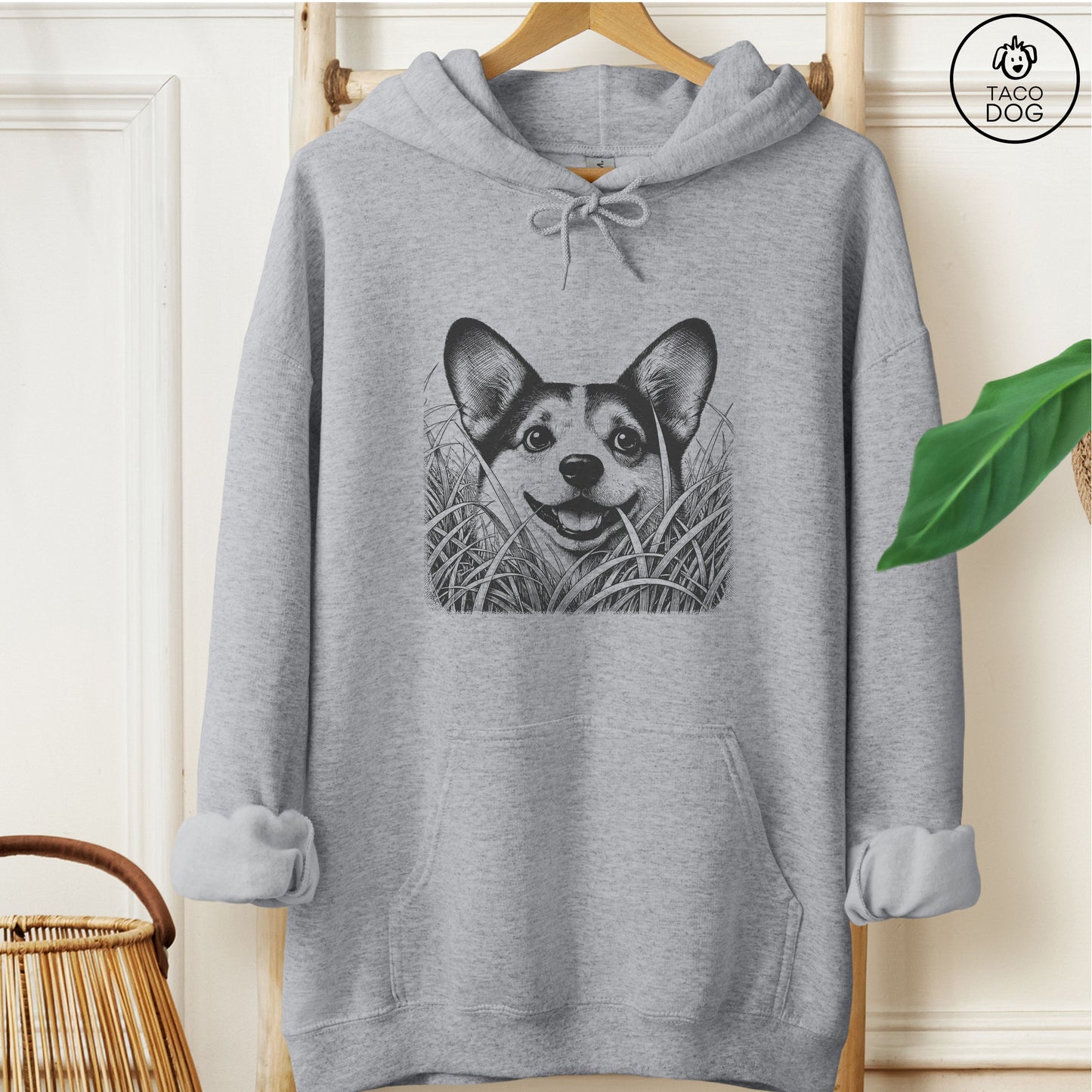 Corgi in the Grass Hoodie Graphite Heather Taco-Dog