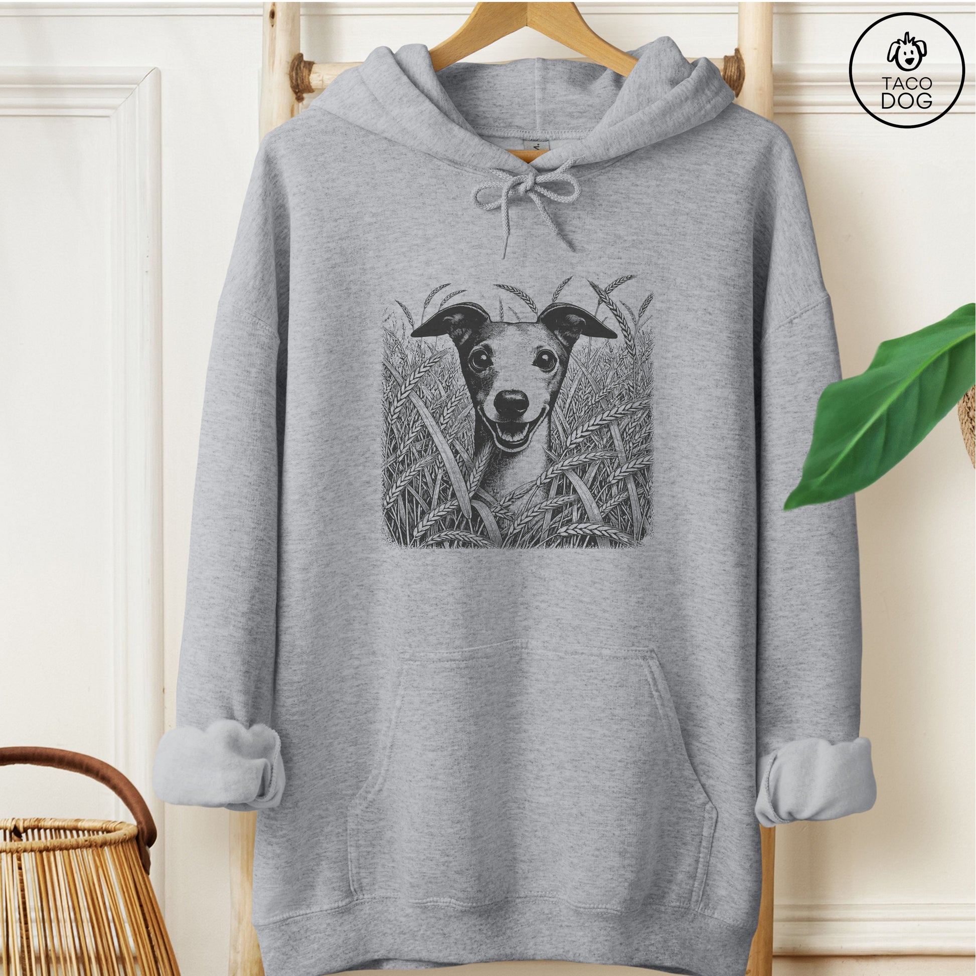 Italian Greyhound Whippet Iggy in the Grass Hoodie Graphite Heather Taco-Dog