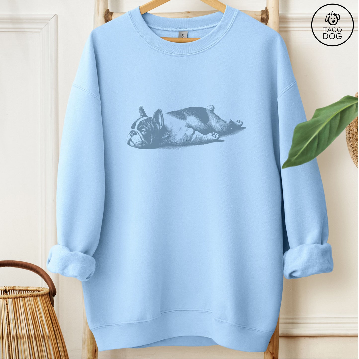 French Bulldog Frenchie Sploot Sweatshirt Light Blue Taco-Dog