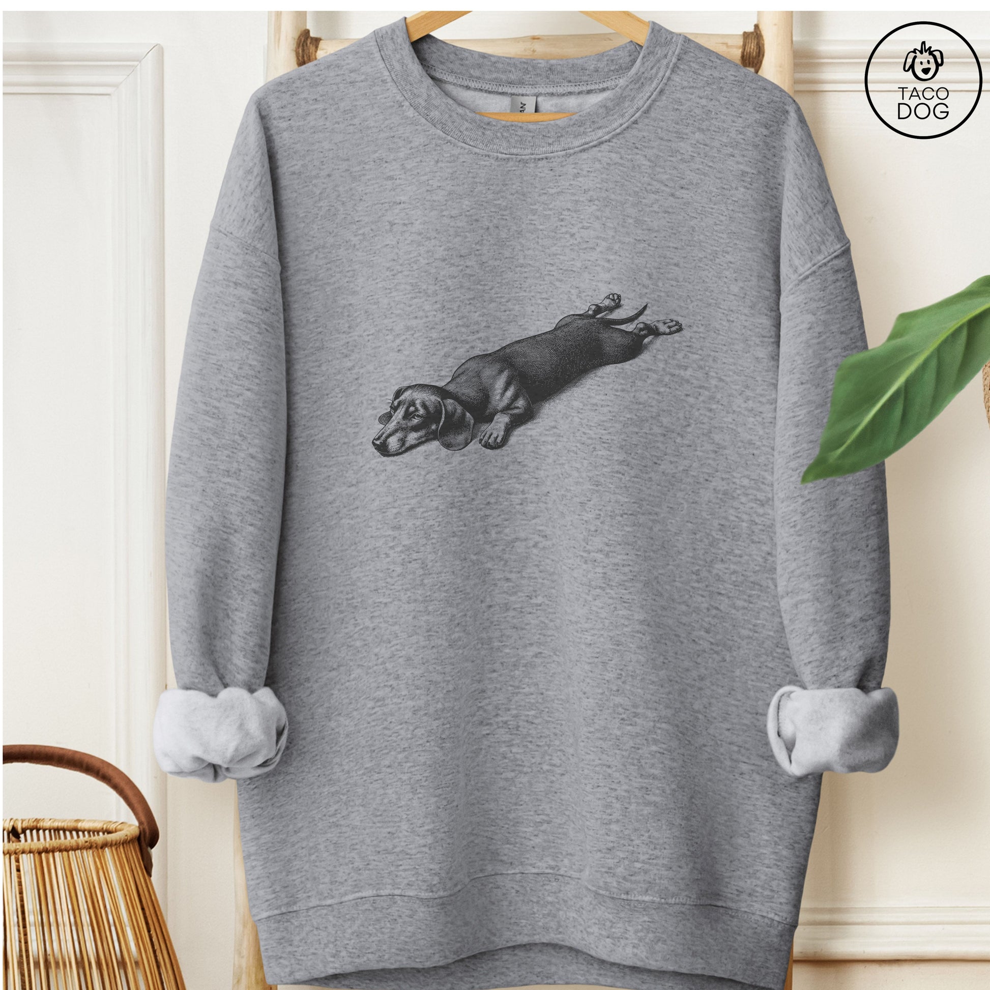Dachshund Weenie Sploot Sweatshirt Graphite Heather Taco-Dog