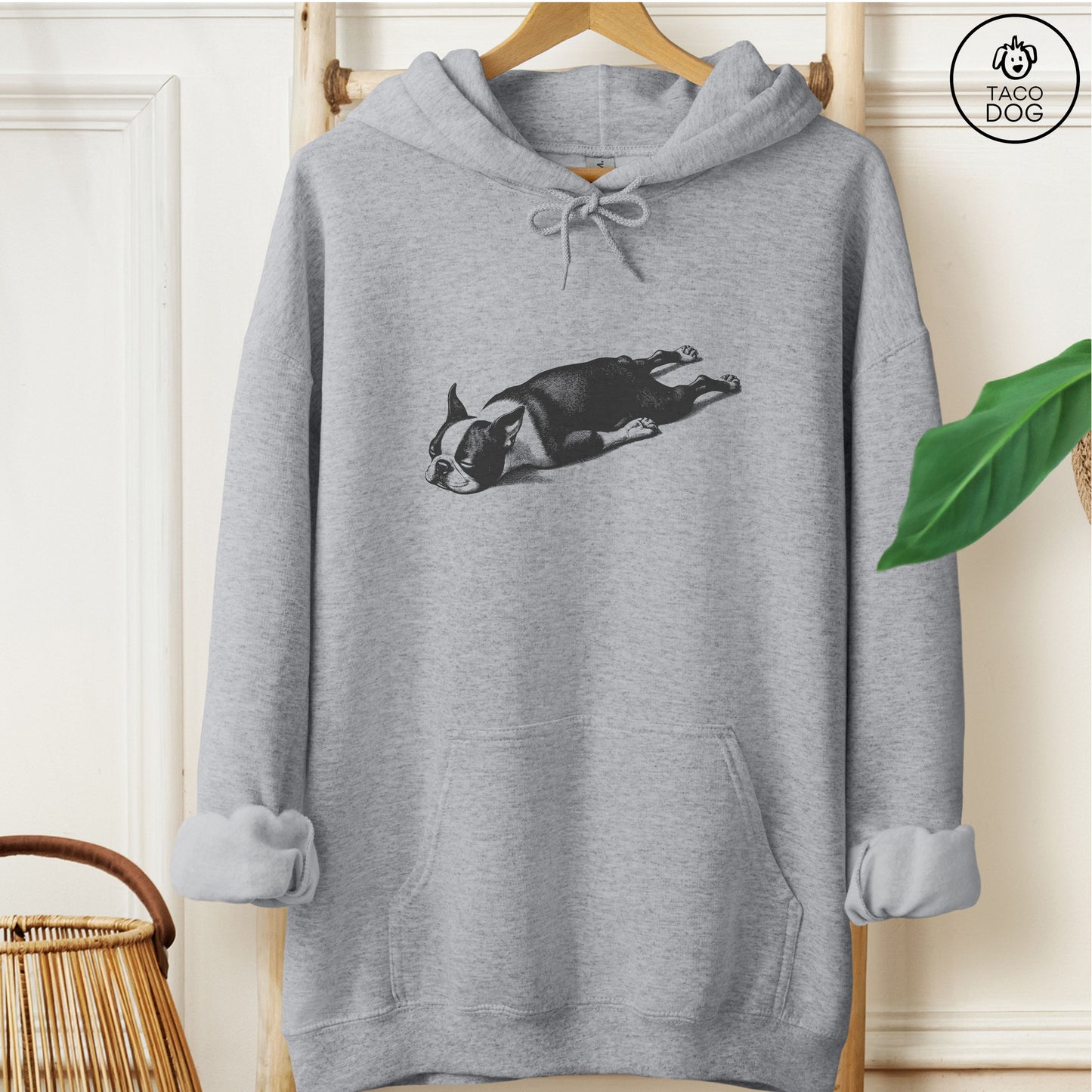 Boston Terrier Sploot Hoodie Graphite Heather Taco-Dog
