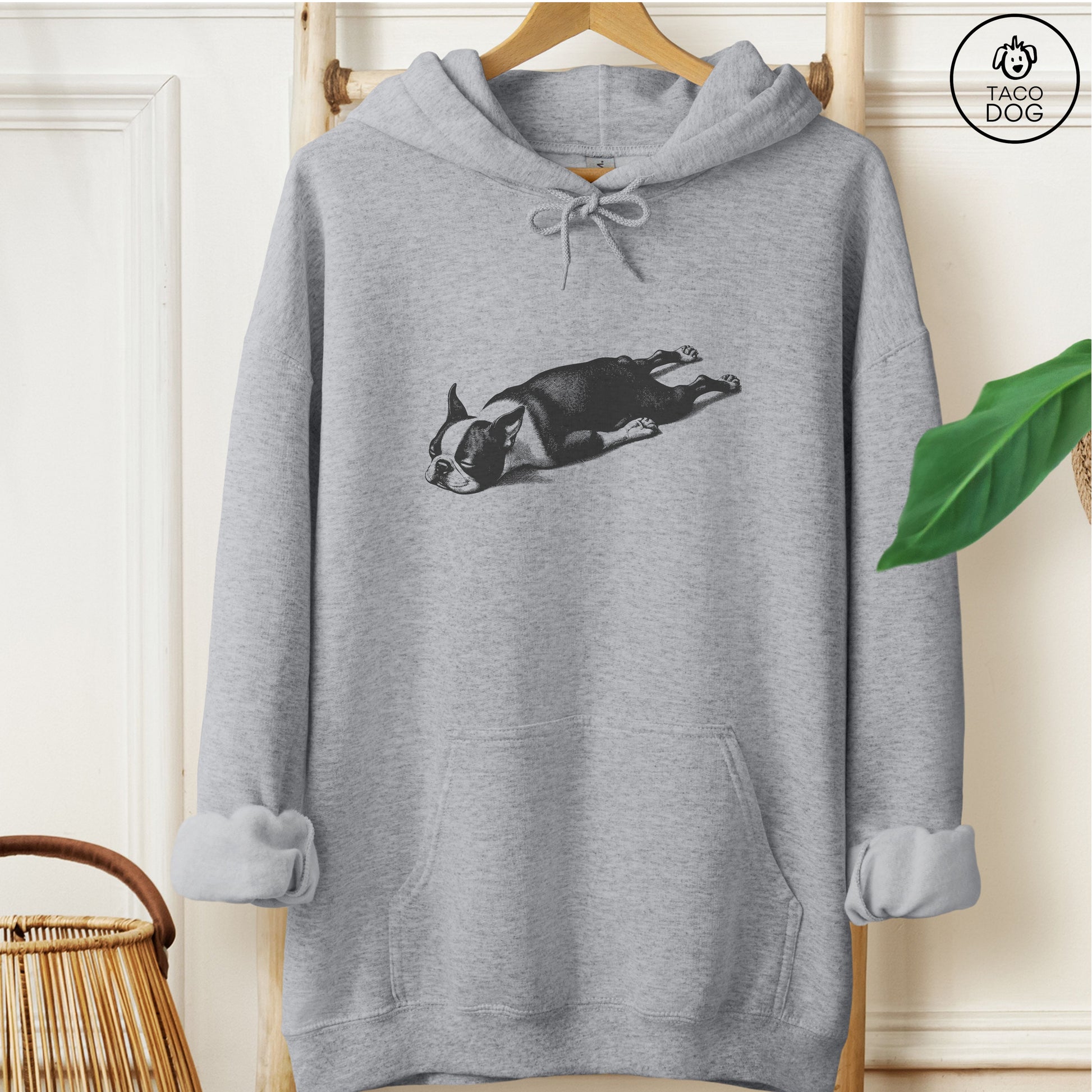 Boston Terrier Sploot Hoodie Graphite Heather Taco-Dog