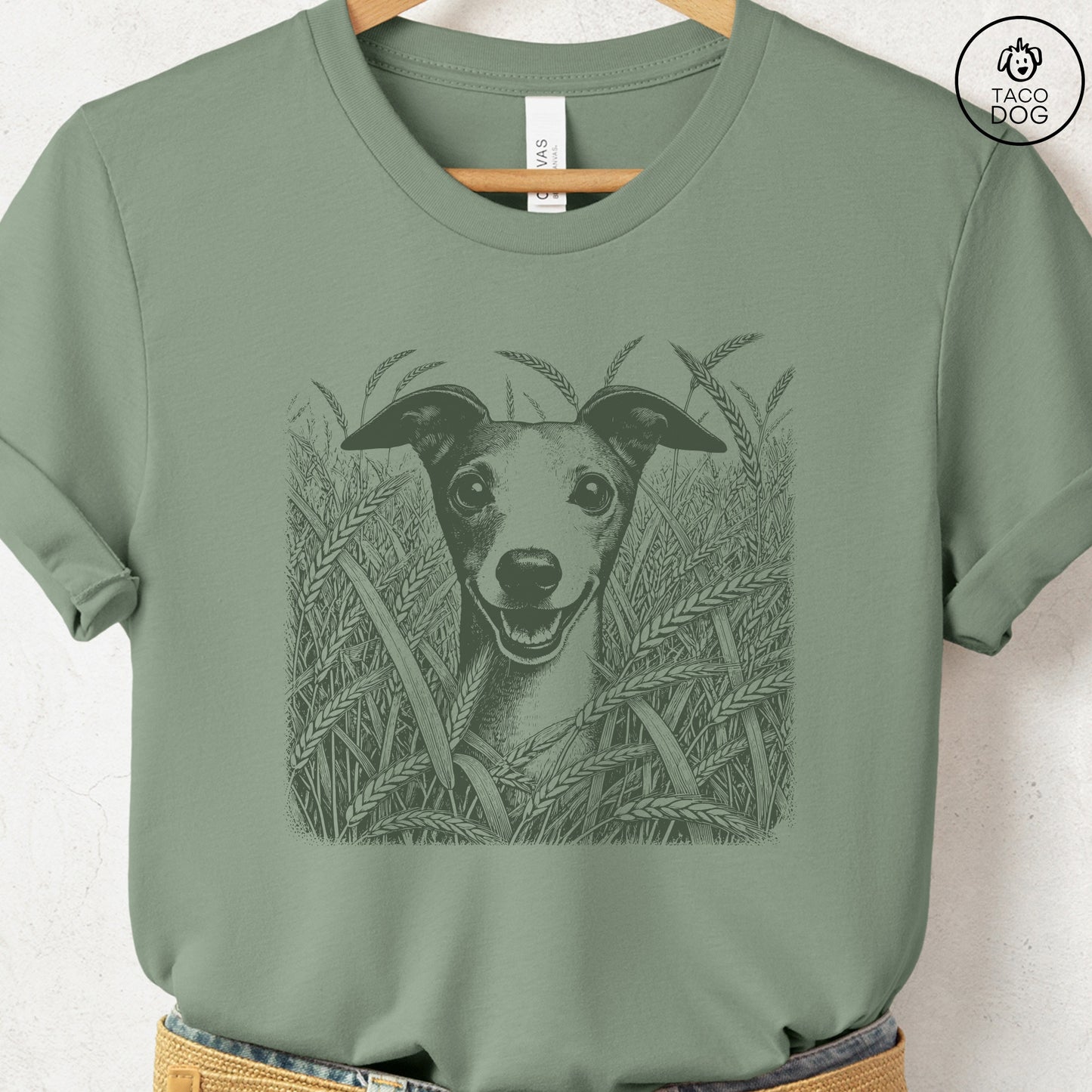 Italian Greyhound Whippet Iggy in the Grass T-Shirt Sage Taco-Dog