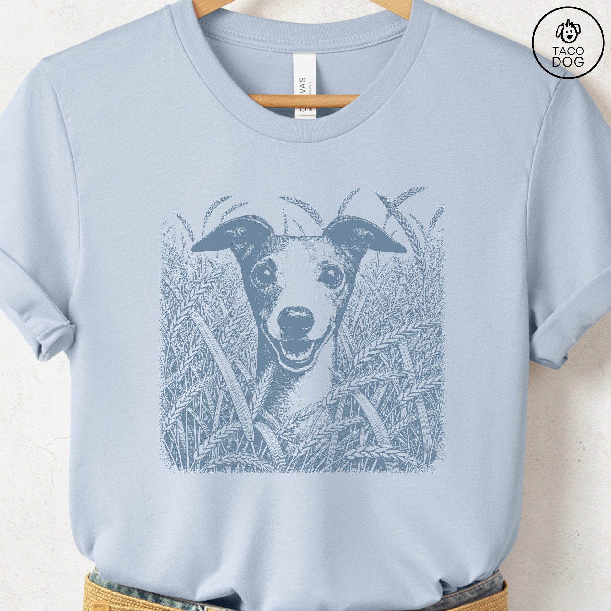 Italian Greyhound Whippet Iggy in the Grass T-Shirt Light Blue Taco-Dog