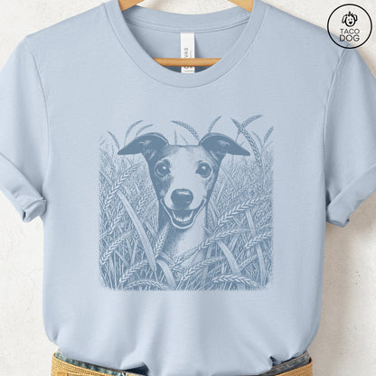 Italian Greyhound Whippet Iggy in the Grass T-Shirt Light Blue Taco-Dog