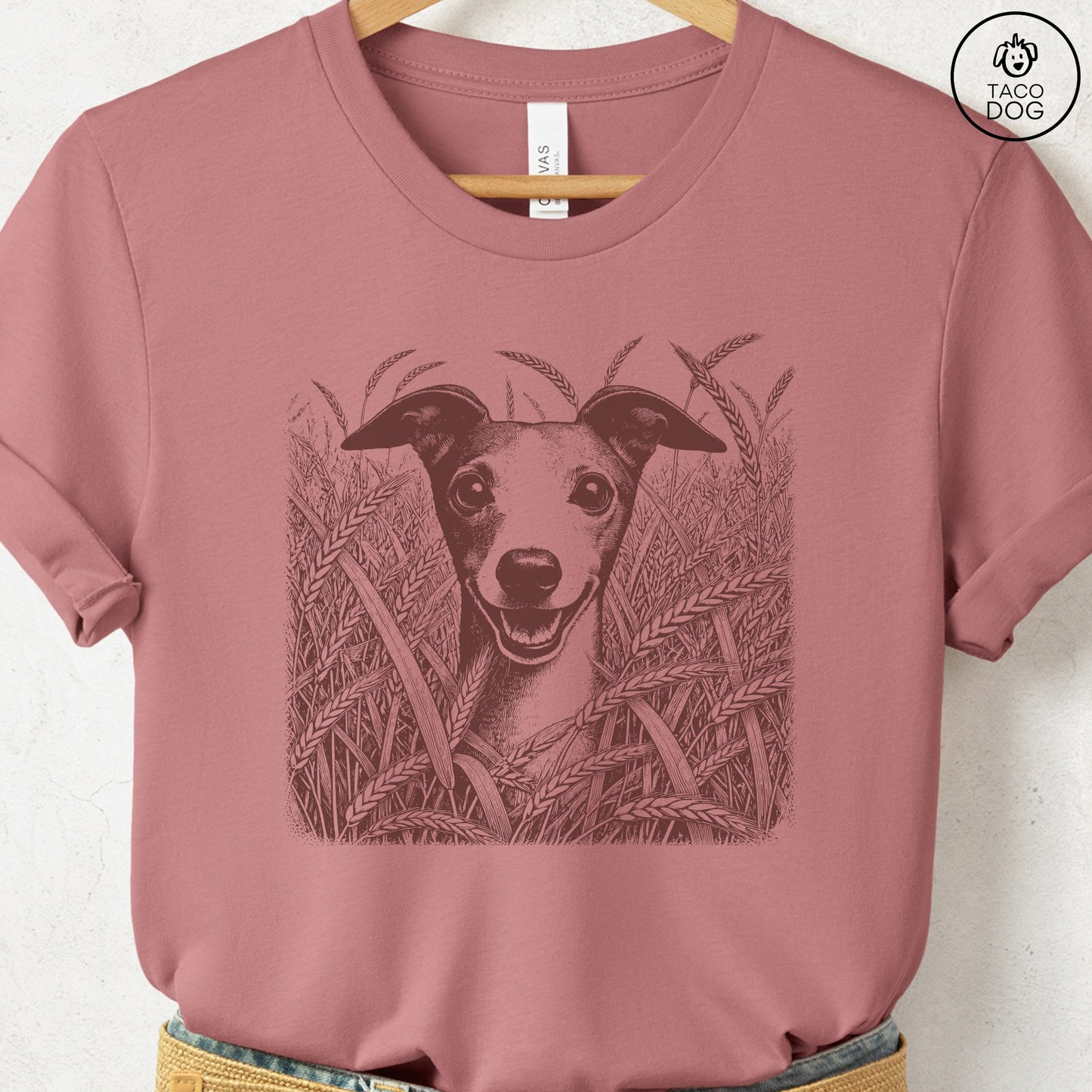 Italian Greyhound Whippet Iggy in the Grass T-Shirt Heather Mauve Taco-Dog