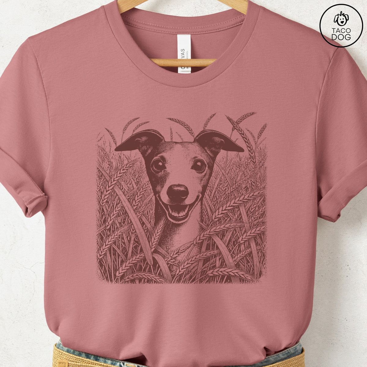 Italian Greyhound Whippet Iggy in the Grass T-Shirt, design close-up