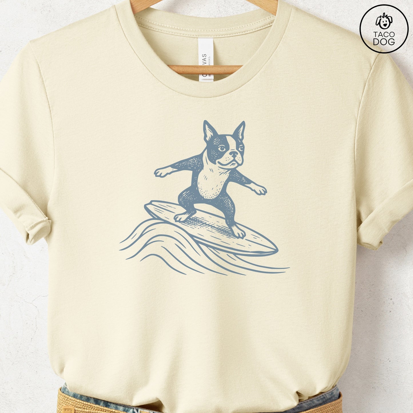Boston Terrier Surfing T-Shirt Natural Taco-Dog