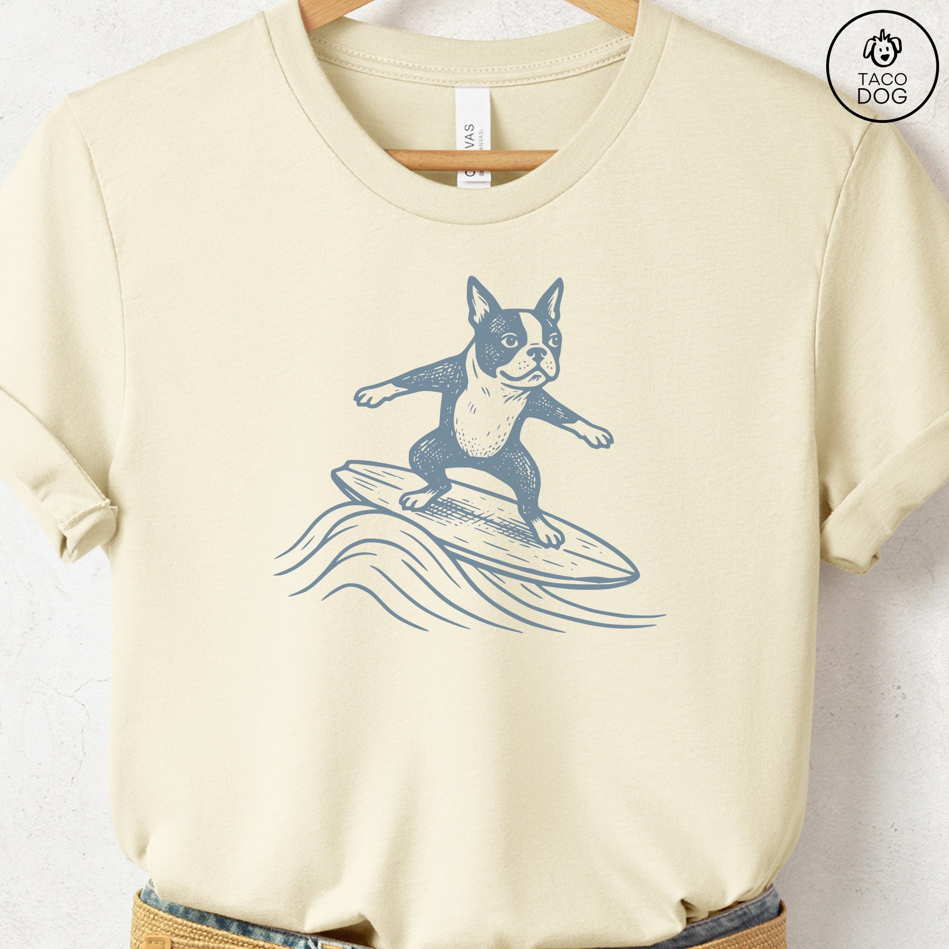 Boston Terrier Surfing T-Shirt Natural Taco-Dog