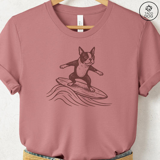 Boston Terrier Surfing T-Shirt Heather Mauve