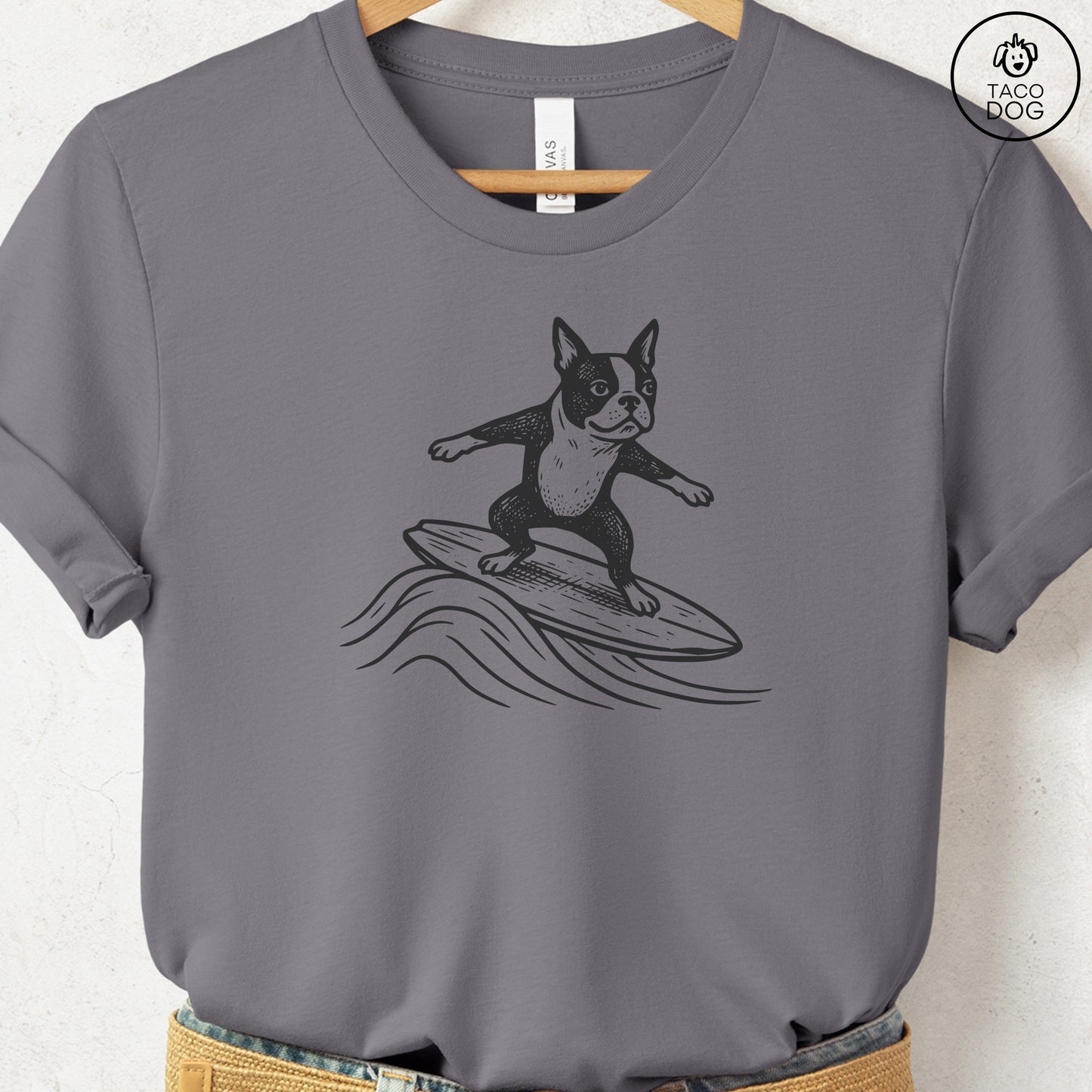 Boston Terrier Surfing T-Shirt Storm Taco-Dog