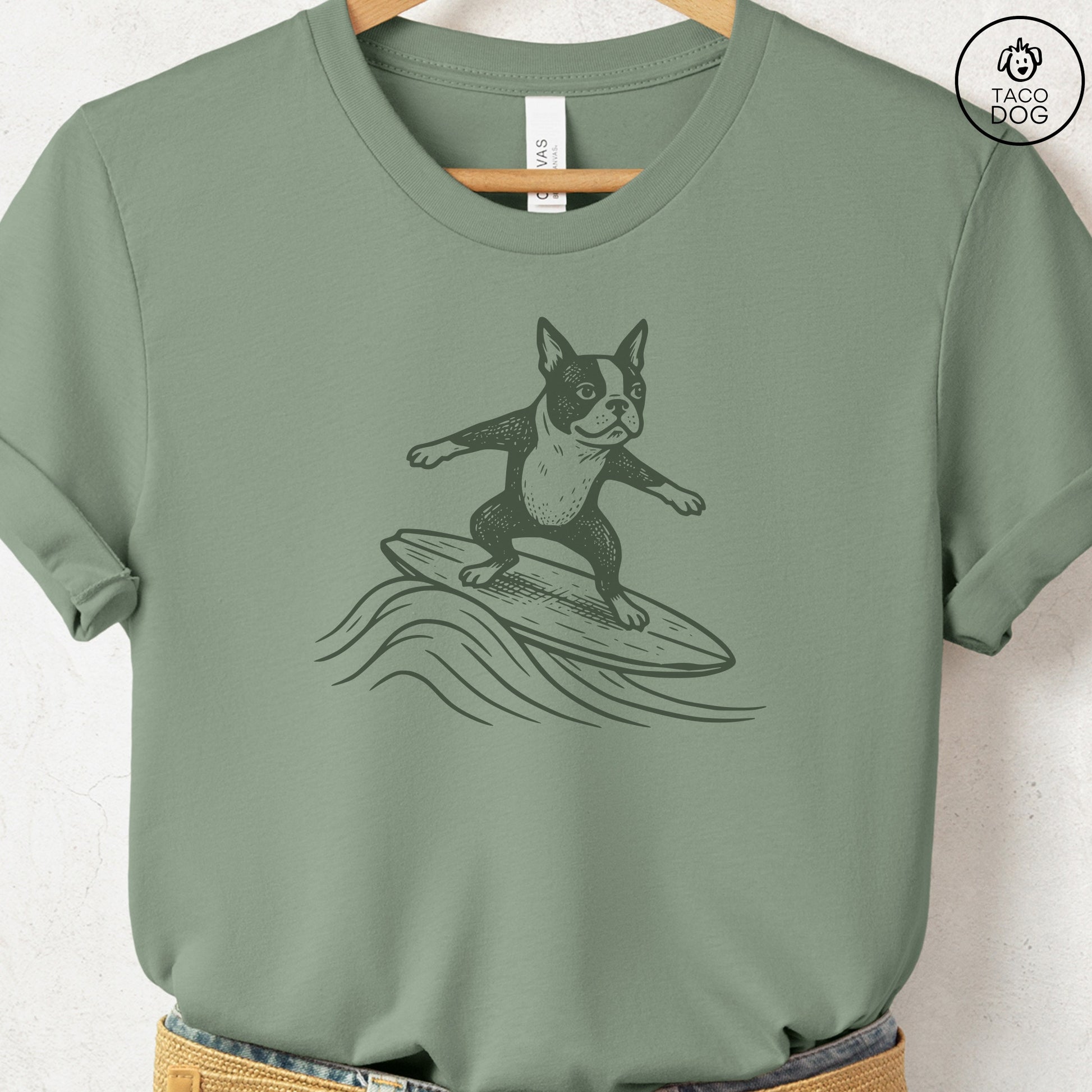 Boston Terrier Surfing T-Shirt Sage Taco-Dog