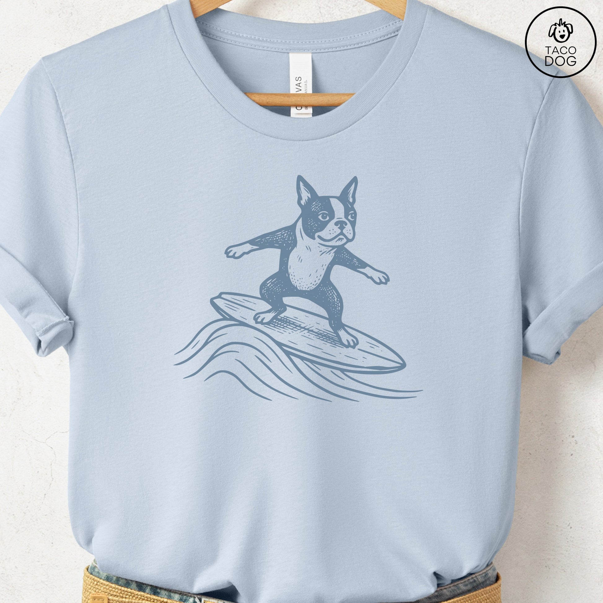 Boston Terrier Surfing T-Shirt Light Blue Taco-Dog