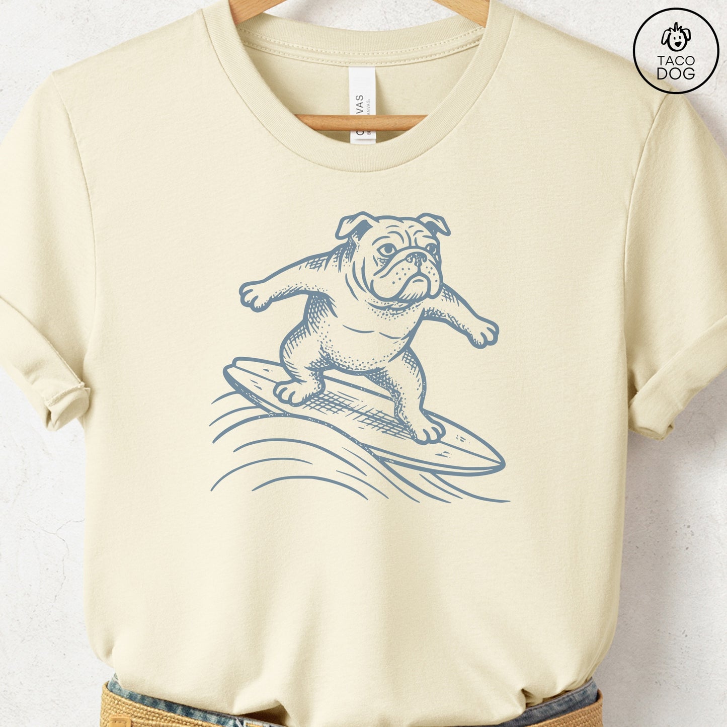 English Bulldog Surfing T-Shirt Natural Taco-Dog